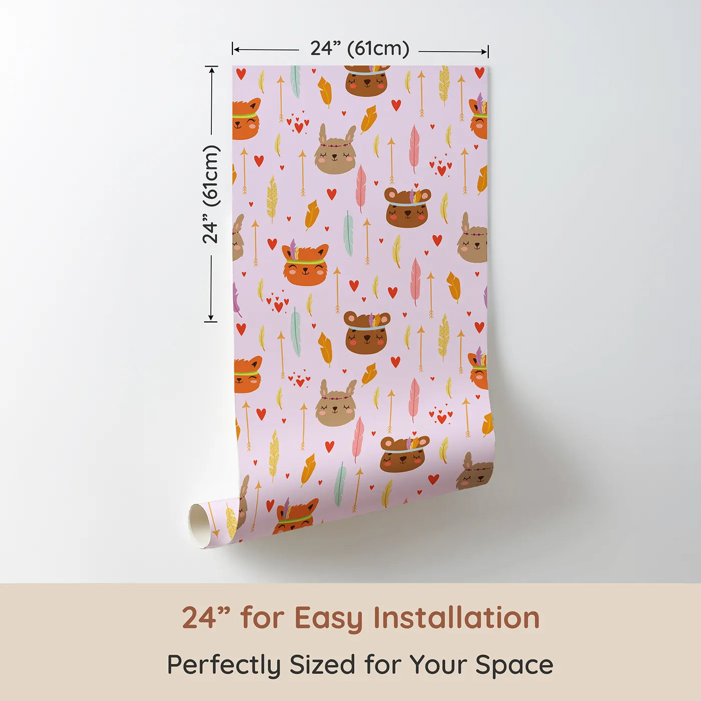 Dimension view of Whimsy Tots Woodland Tribe Hearts Wallpaper in Blush Lilac Pink (W3147A). Printed in 24-inch-wide panel for easy installation. Smiling animals, fluttering feathers, and tiny hearts fill the air with joy.