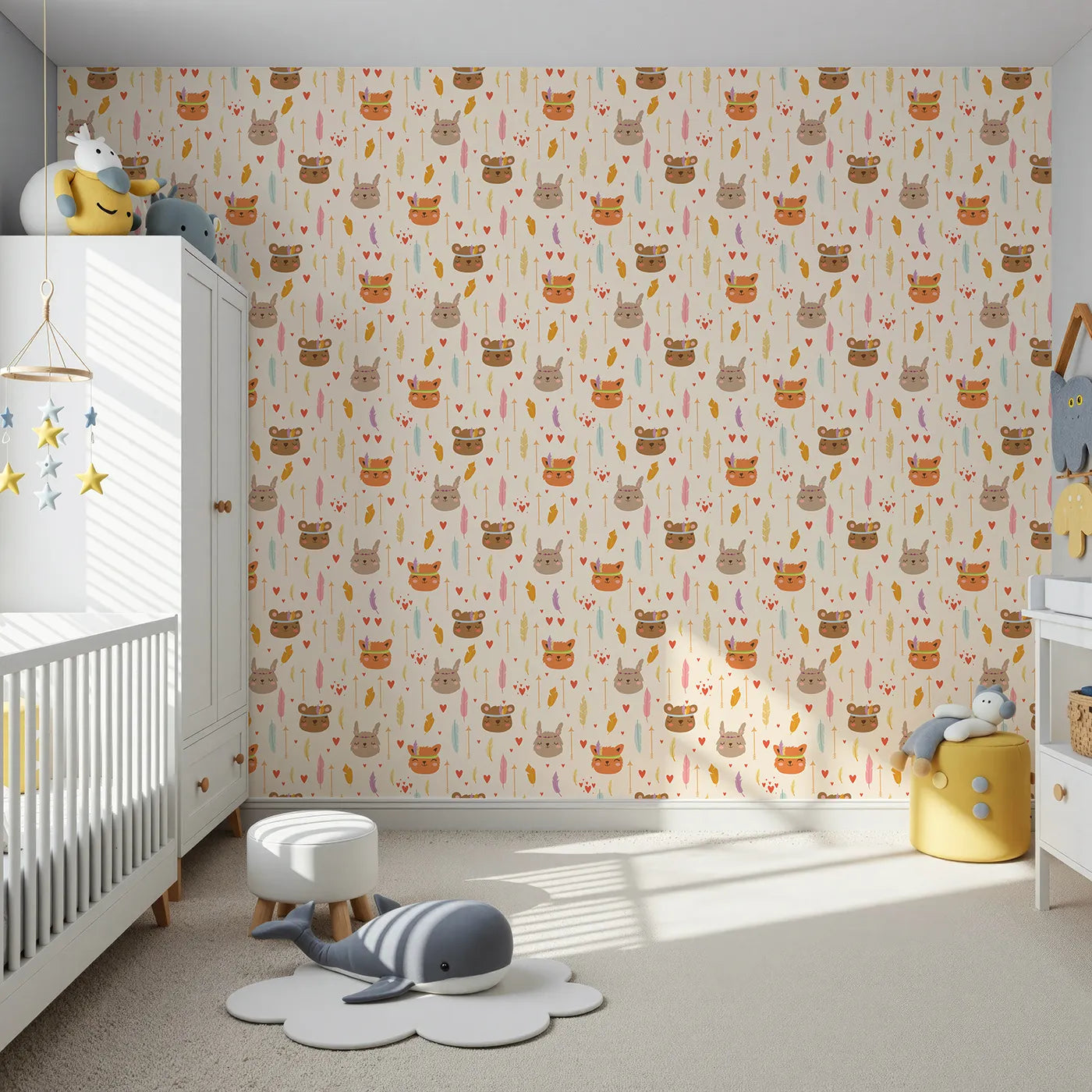 Front view of Whimsy Tots' Woodland Tribe Hearts Wallpaper in Vanilla Cream