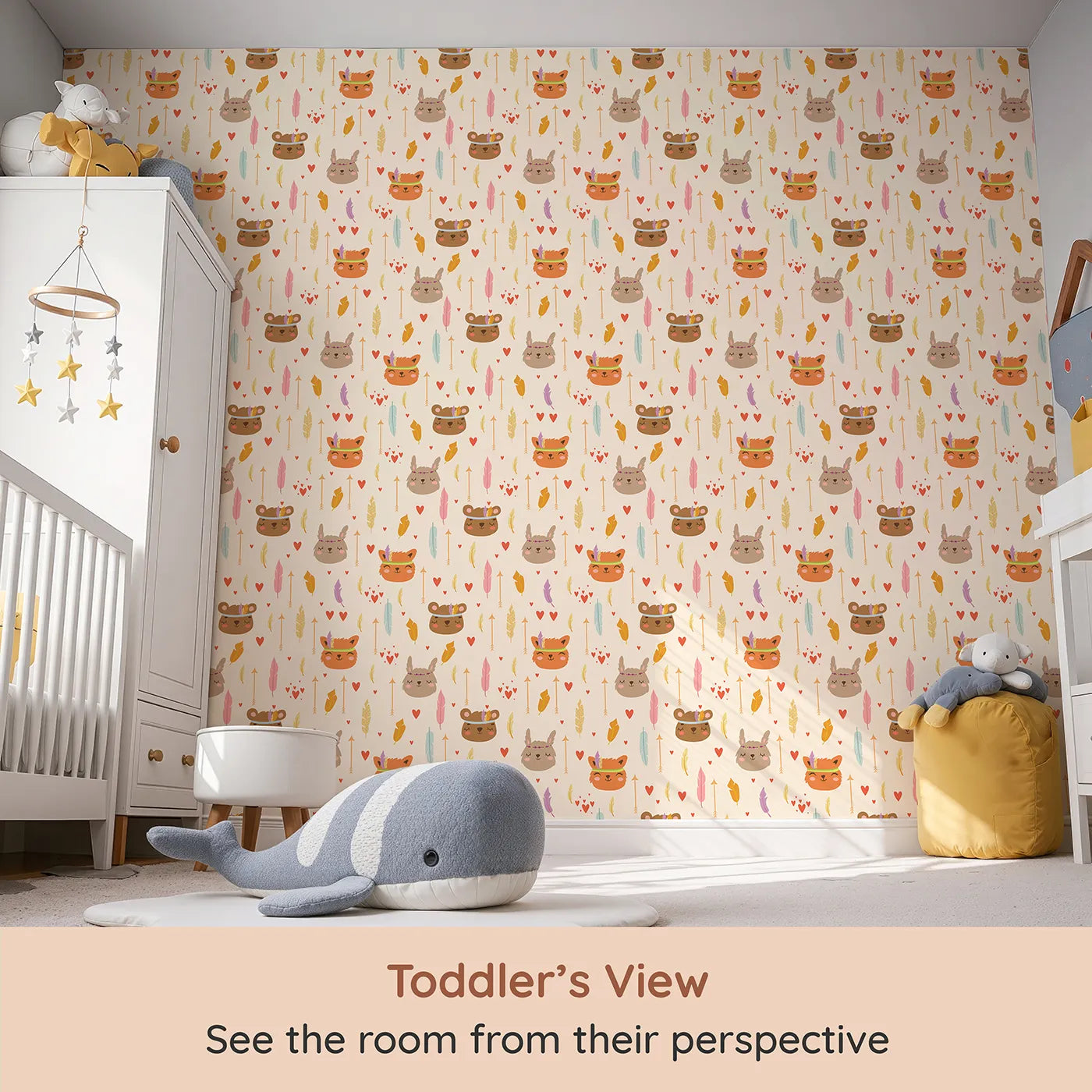 Whimsy Tots Woodland Tribe Hearts Wallpaper in Vanilla Cream (W3147B) from your child's view.Friendly animals and sweet feathers nestle gently in cream-toned charm.