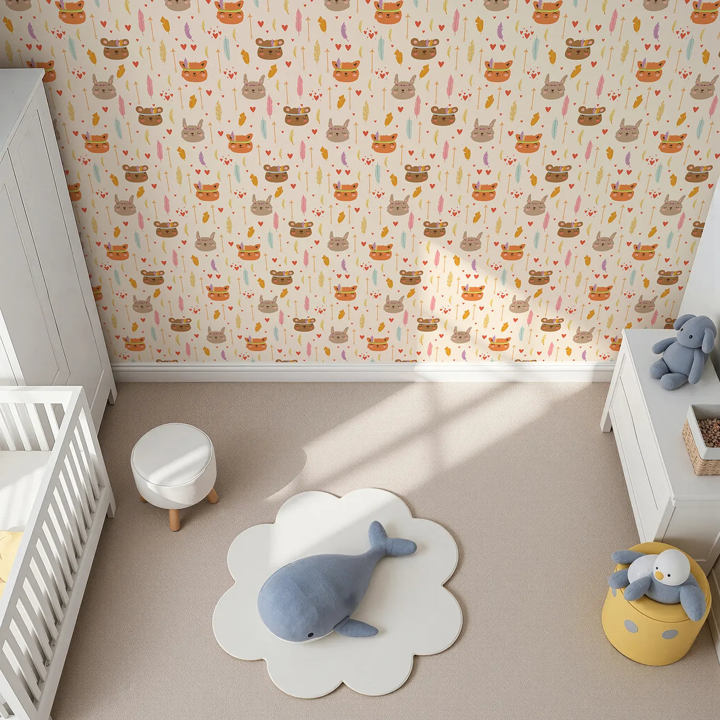 Top-Down view of Whimsy Tots' Woodland Tribe Hearts Wallpaper in Vanilla Cream (W3147B).Friendly animals and sweet feathers nestle gently in cream-toned charm.