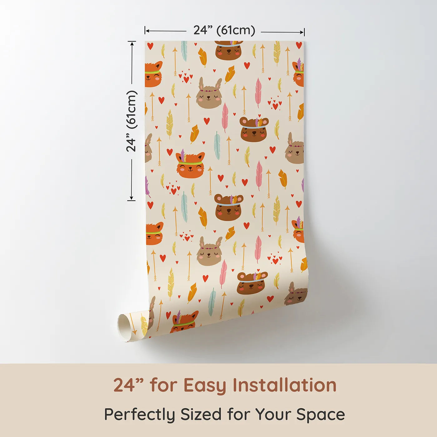 Dimension view of Whimsy Tots Woodland Tribe Hearts Wallpaper in Vanilla Cream (W3147B). Printed in 24-inch-wide panel for easy installation. Friendly animals and sweet feathers nestle gently in cream-toned charm.