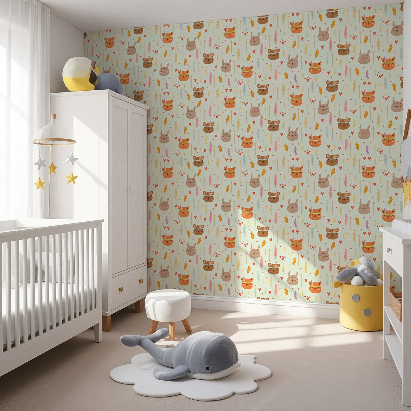 Angled view of Whimsy Tots' Woodland Tribe Hearts Wallpaper in Soft Mint Green (W3147C).Smiling forest friends and pastel hearts float over a soft mint sky.