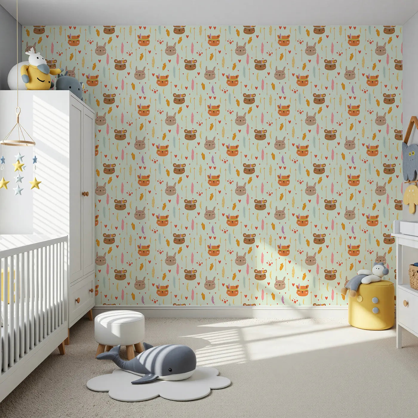 Front view of Whimsy Tots' Woodland Tribe Hearts Wallpaper in Soft Mint Green