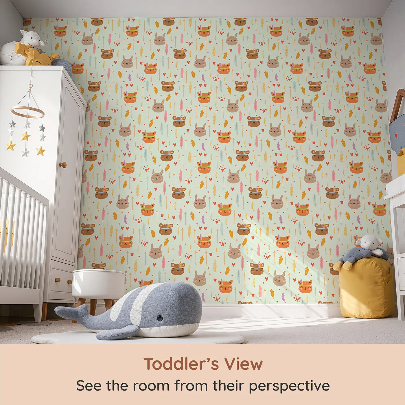 Whimsy Tots Woodland Tribe Hearts Wallpaper in Soft Mint Green (W3147C) from your child's view.Smiling forest friends and pastel hearts float over a soft mint sky.