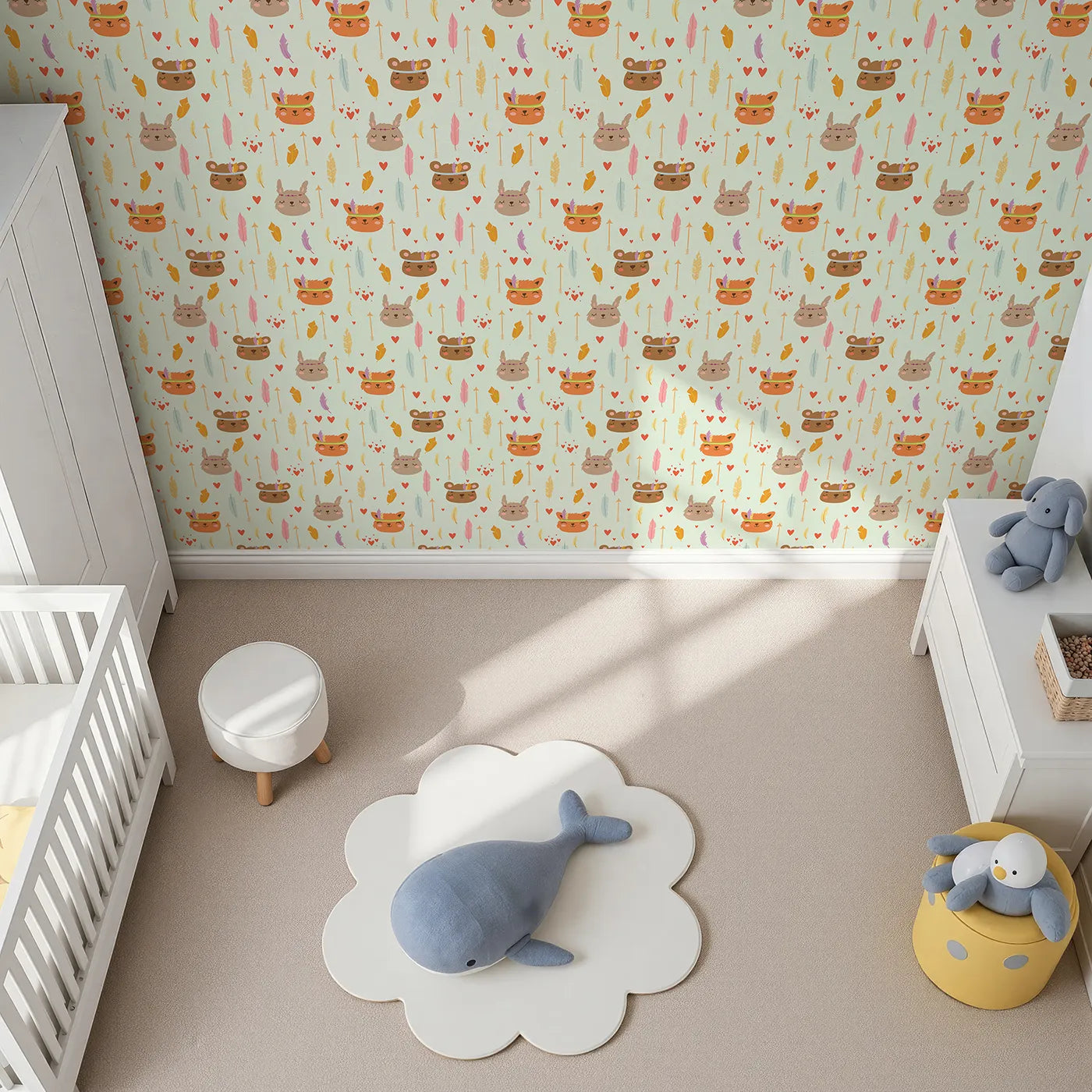 Top-Down view of Whimsy Tots' Woodland Tribe Hearts Wallpaper in Soft Mint Green (W3147C).Smiling forest friends and pastel hearts float over a soft mint sky.