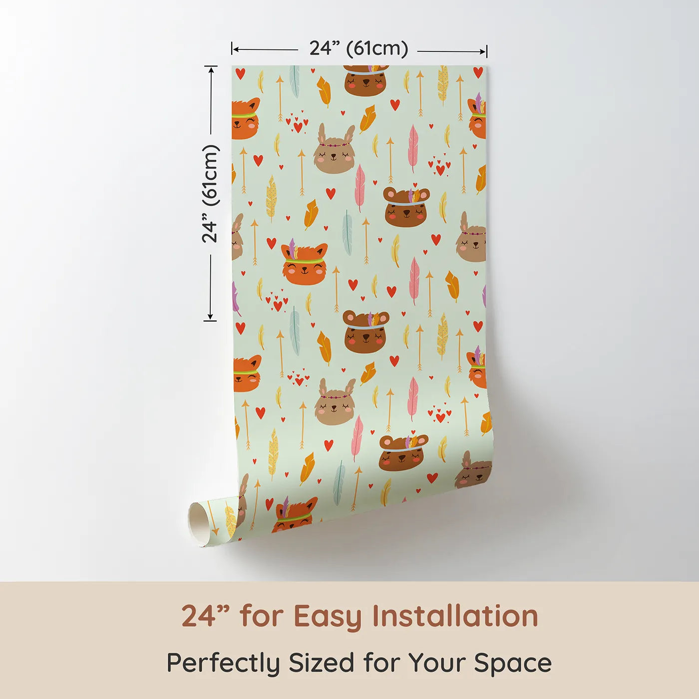 Dimension view of Whimsy Tots Woodland Tribe Hearts Wallpaper in Soft Mint Green (W3147C). Printed in 24-inch-wide panel for easy installation. Smiling forest friends and pastel hearts float over a soft mint sky.