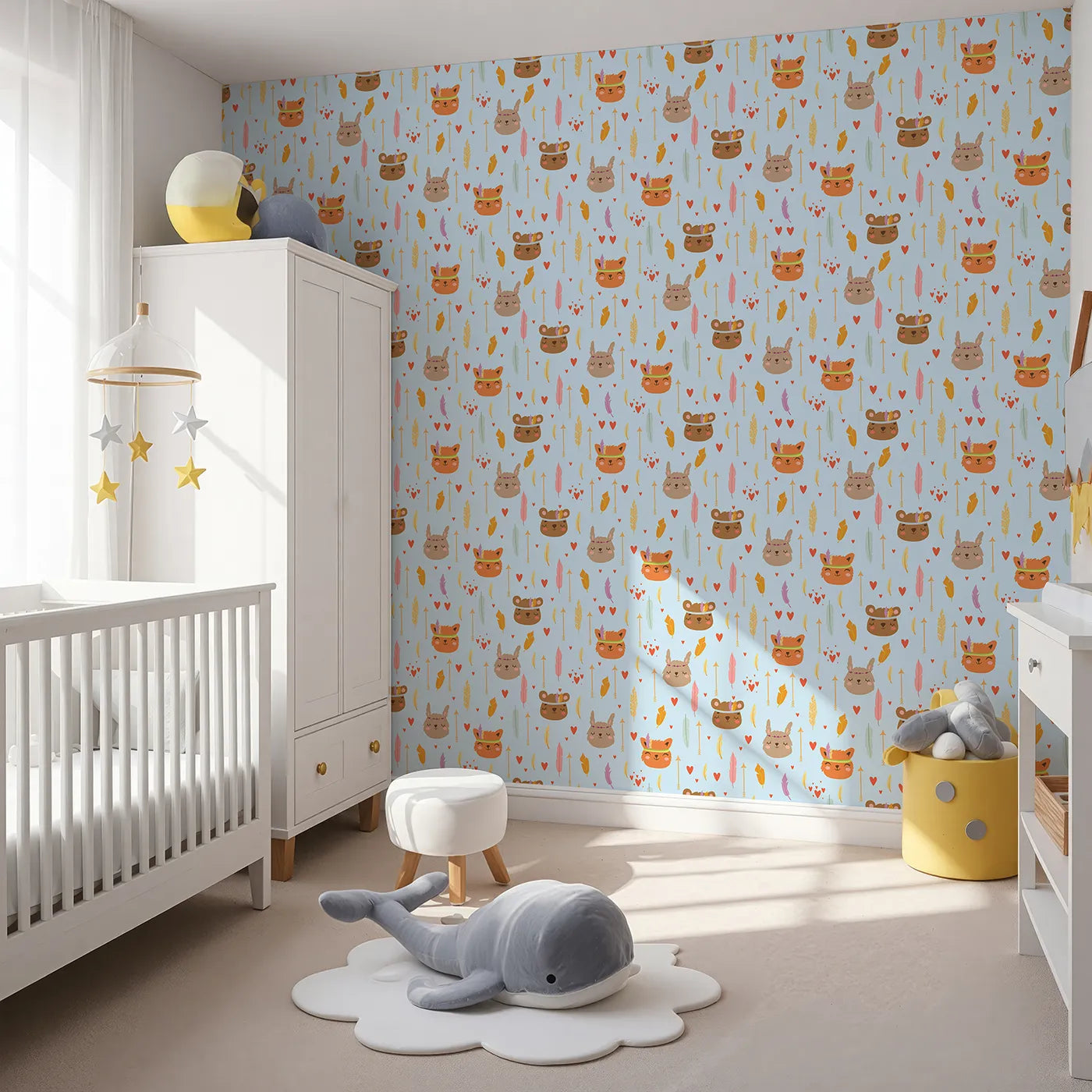 Angled view of Whimsy Tots' Woodland Tribe Hearts Wallpaper in Sky Blue (W3147D).Gentle animals, hearts, and arrows float across a peaceful blue sky.