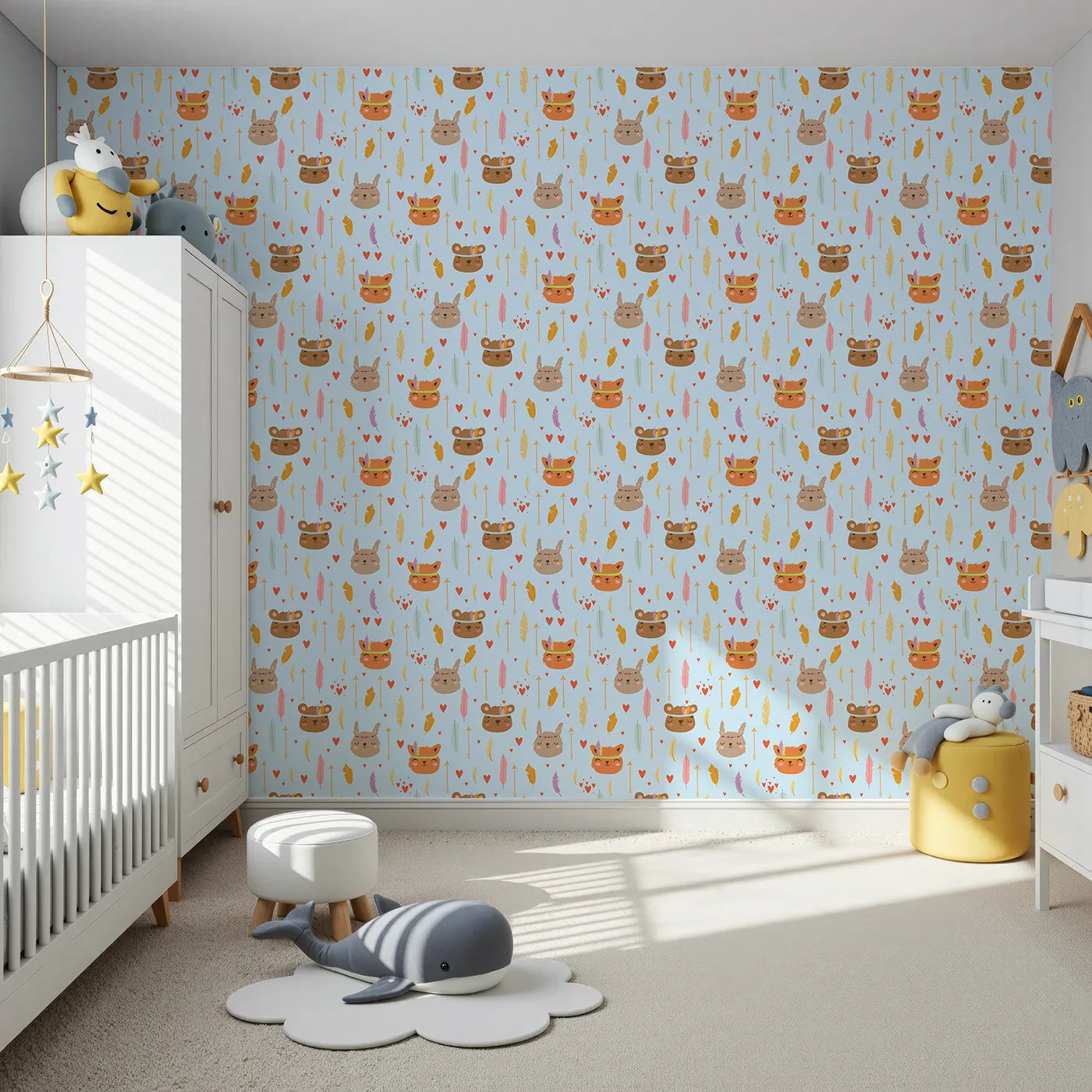 Front view of Whimsy Tots' Woodland Tribe Hearts Wallpaper in Sky Blue