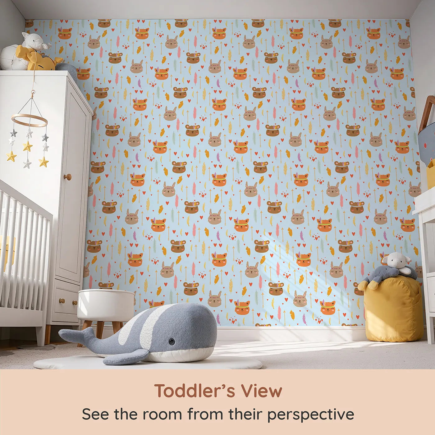 Whimsy Tots Woodland Tribe Hearts Wallpaper in Sky Blue (W3147D) from your child's view.Gentle animals, hearts, and arrows float across a peaceful blue sky.