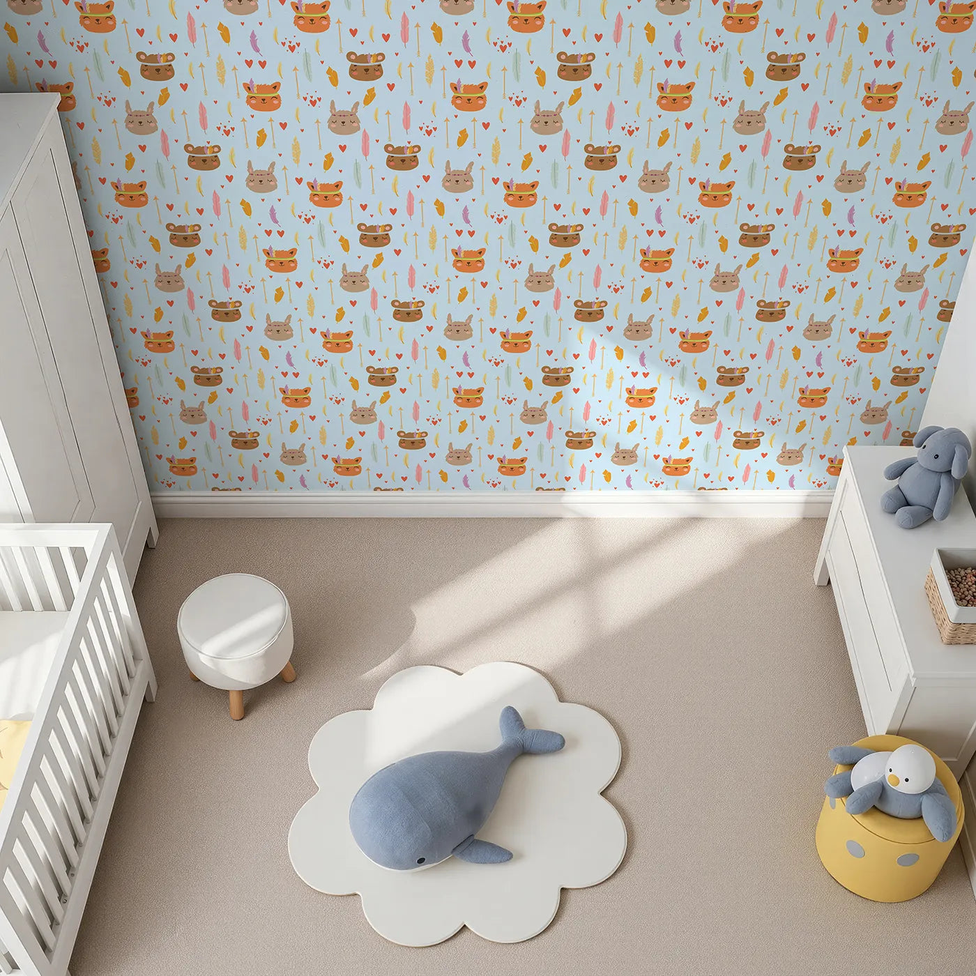 Top-Down view of Whimsy Tots' Woodland Tribe Hearts Wallpaper in Sky Blue (W3147D).Gentle animals, hearts, and arrows float across a peaceful blue sky.
