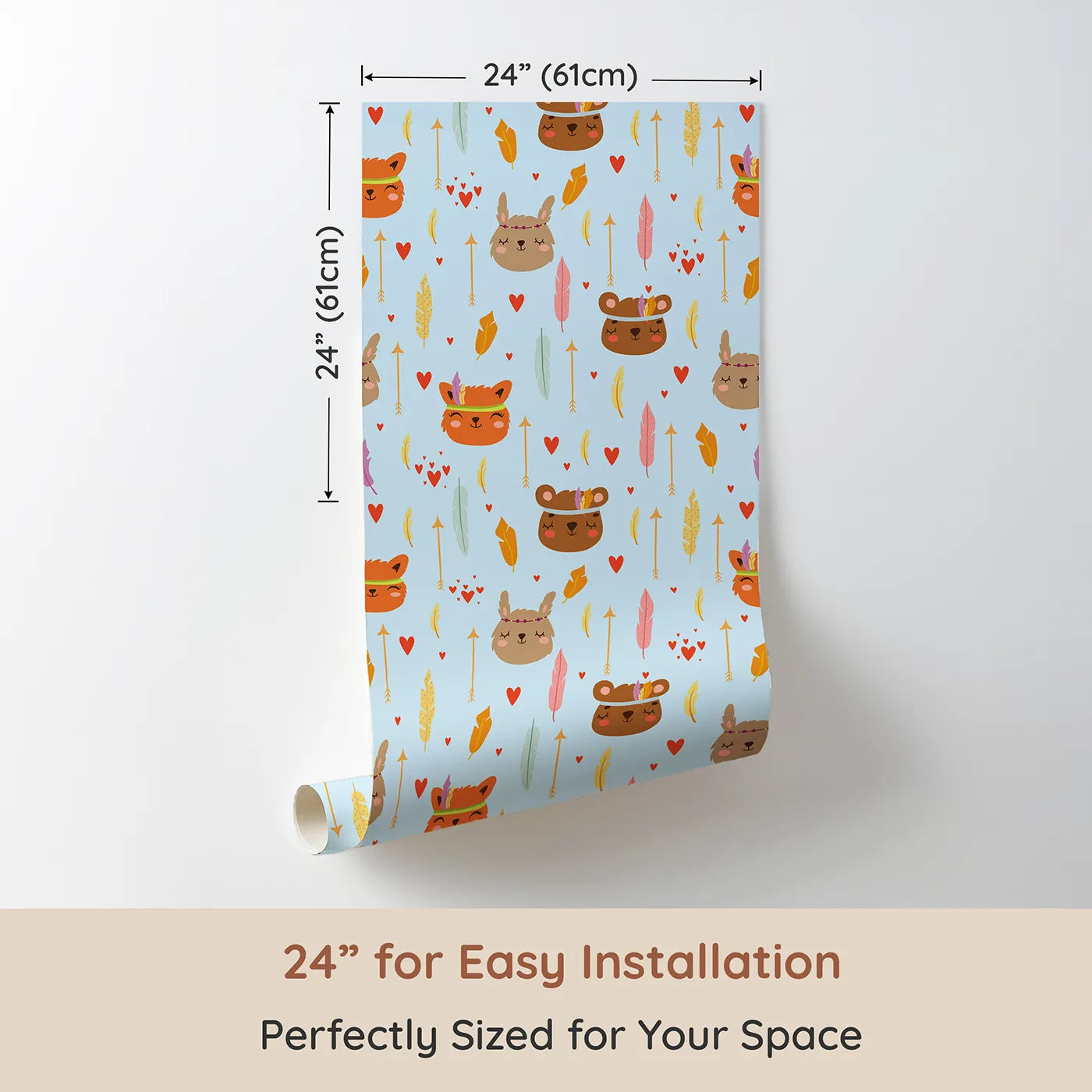 Dimension view of Whimsy Tots Woodland Tribe Hearts Wallpaper in Sky Blue (W3147D). Printed in 24-inch-wide panel for easy installation. Gentle animals, hearts, and arrows float across a peaceful blue sky.