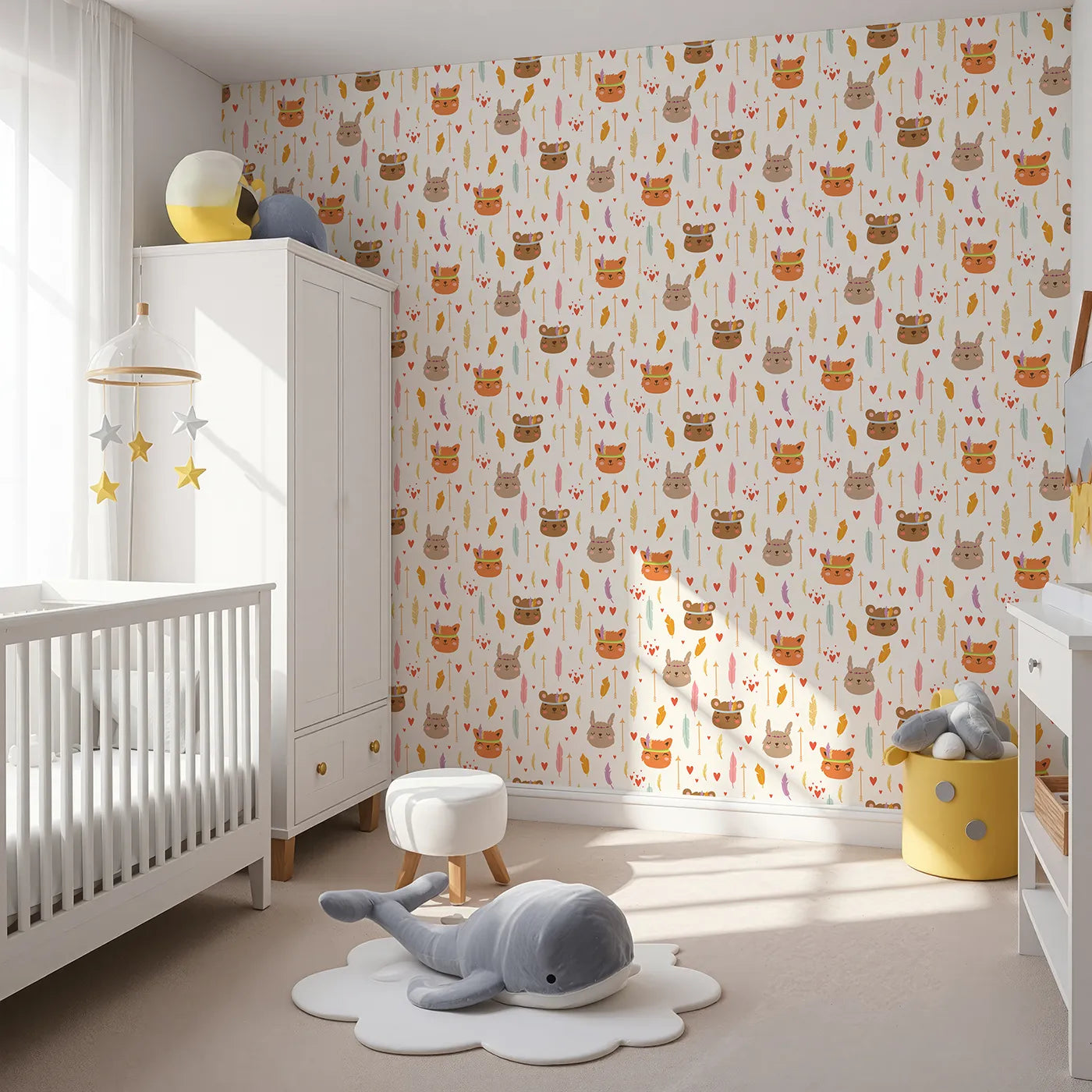 Angled view of Whimsy Tots' Woodland Tribe Hearts Wallpaper in Soft White (W3147E).Sweet animals and soft hearts fill their space with gentle joy.