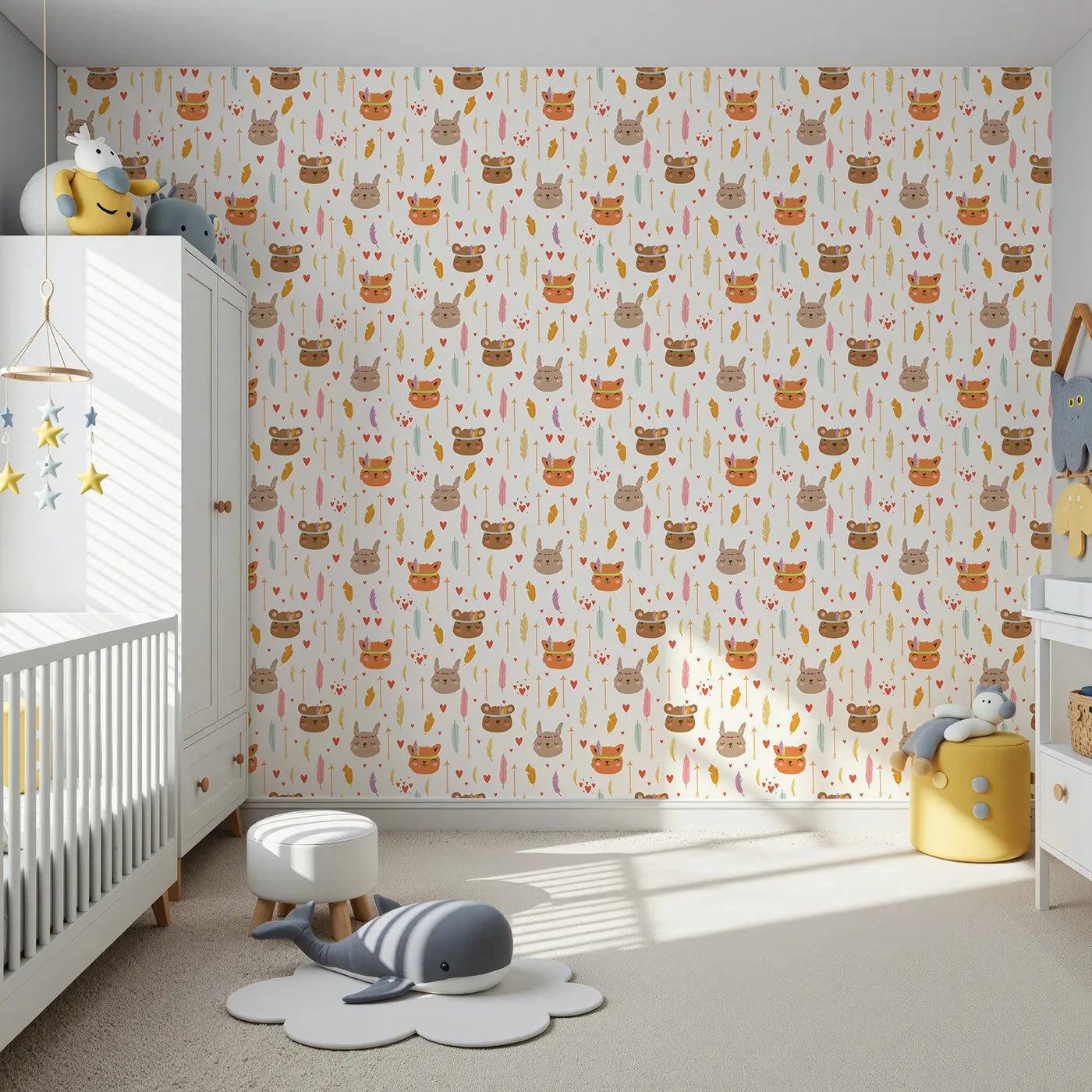 Front view of Whimsy Tots' Woodland Tribe Hearts Wallpaper in Soft White