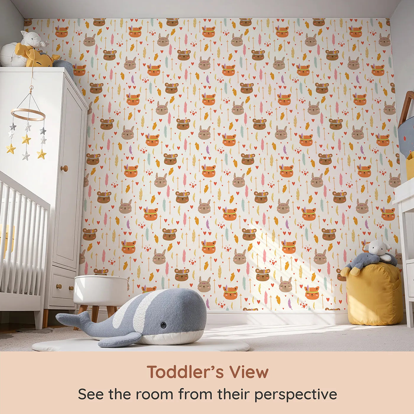 Whimsy Tots Woodland Tribe Hearts Wallpaper in Soft White (W3147E) from your child's view.Sweet animals and soft hearts fill their space with gentle joy.