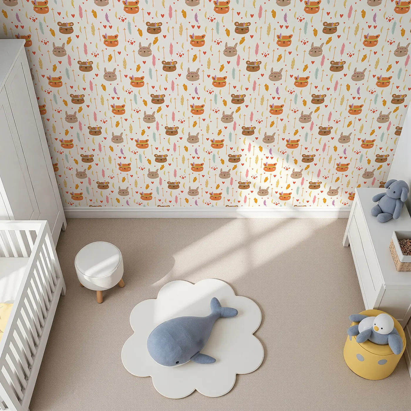 Top-Down view of Whimsy Tots' Woodland Tribe Hearts Wallpaper in Soft White (W3147E).Sweet animals and soft hearts fill their space with gentle joy.