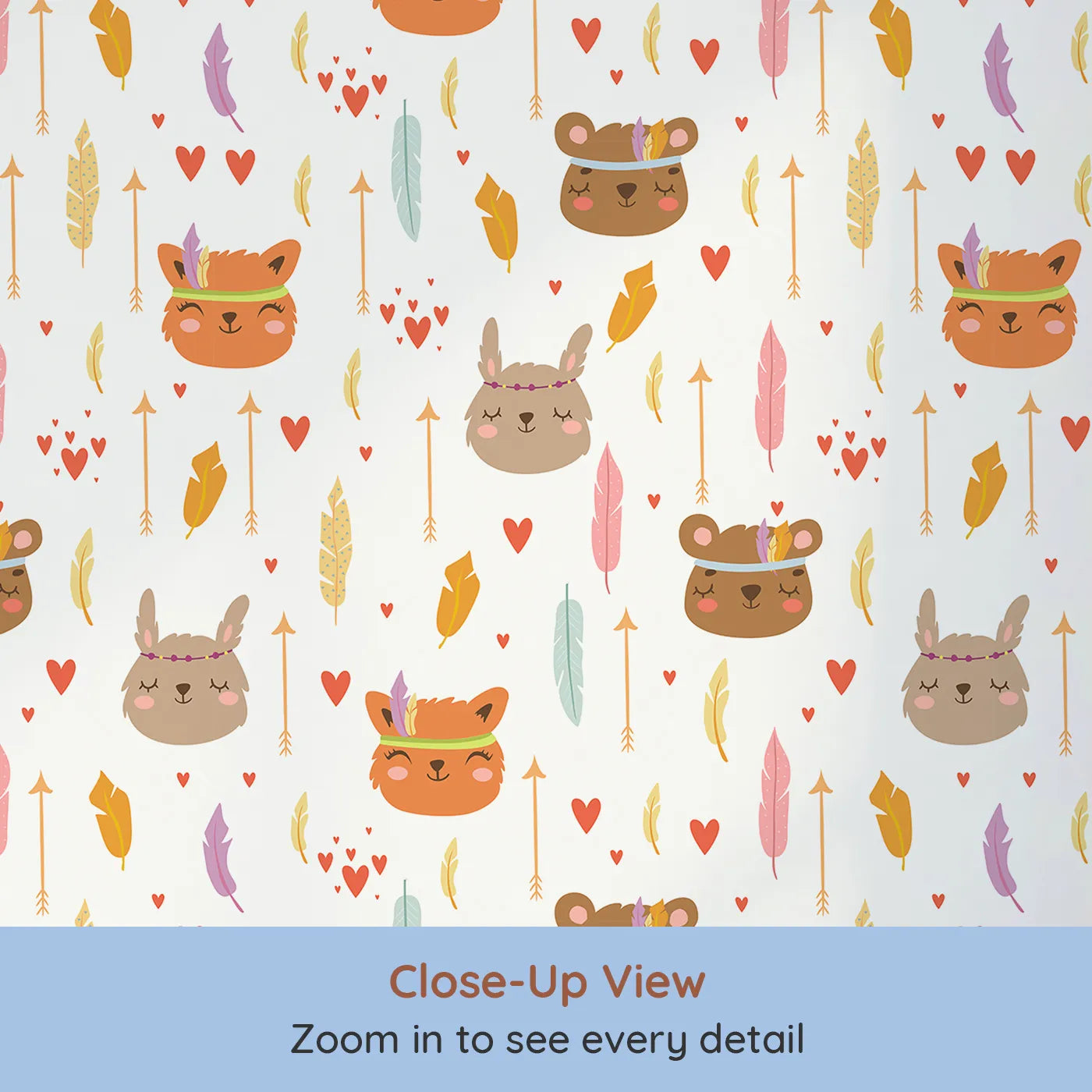 Close-up view of Whimsy Tots' Woodland Tribe Hearts Wallpaper in Soft White (W3147E).Sweet animals and soft hearts fill their space with gentle joy.