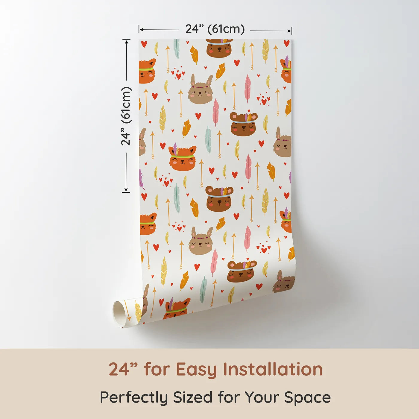 Dimension view of Whimsy Tots Woodland Tribe Hearts Wallpaper in Soft White (W3147E). Printed in 24-inch-wide panel for easy installation. Sweet animals and soft hearts fill their space with gentle joy.