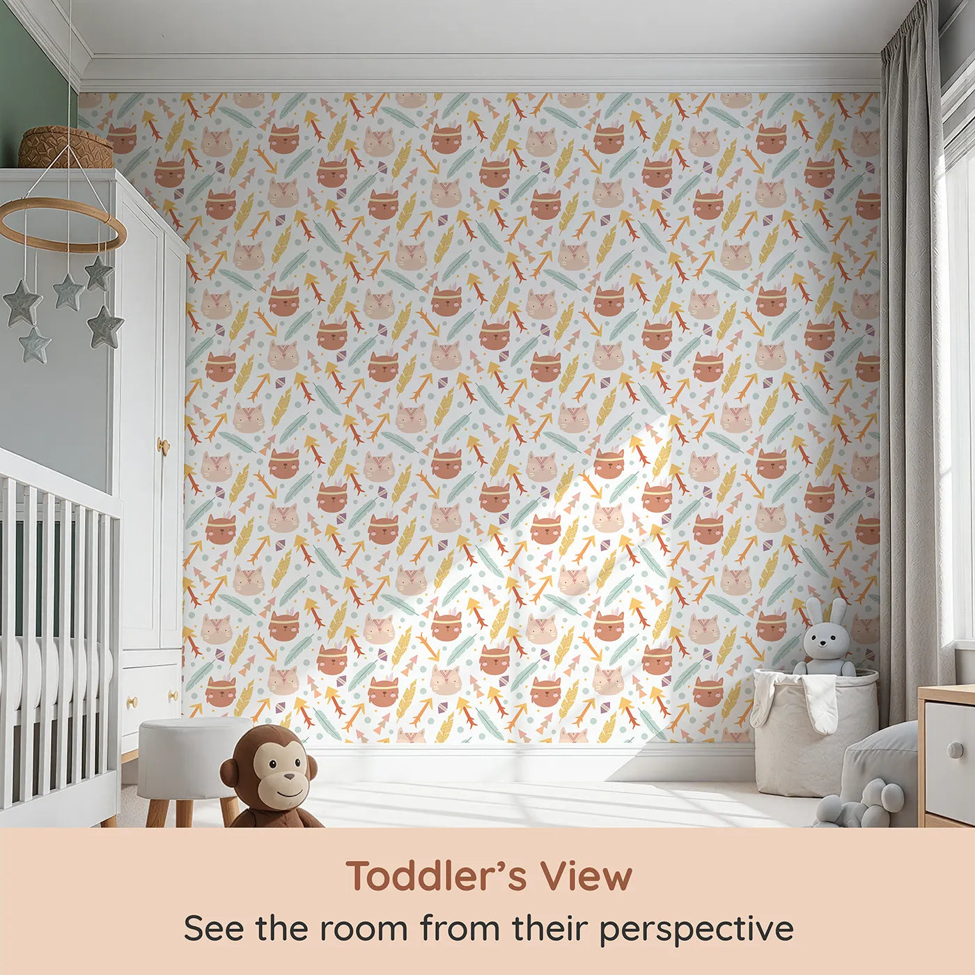Whimsy Tots Tribal Kitten Parade Wallpaper in Soft White (W3148A) from your child's view.Playful kittens, arrows, and feathers swirl through a cheerful white daydream.