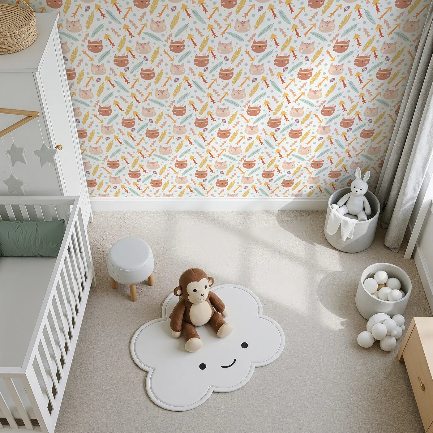 Top-Down view of Whimsy Tots' Tribal Kitten Parade Wallpaper in Soft White (W3148A).Playful kittens, arrows, and feathers swirl through a cheerful white daydream.