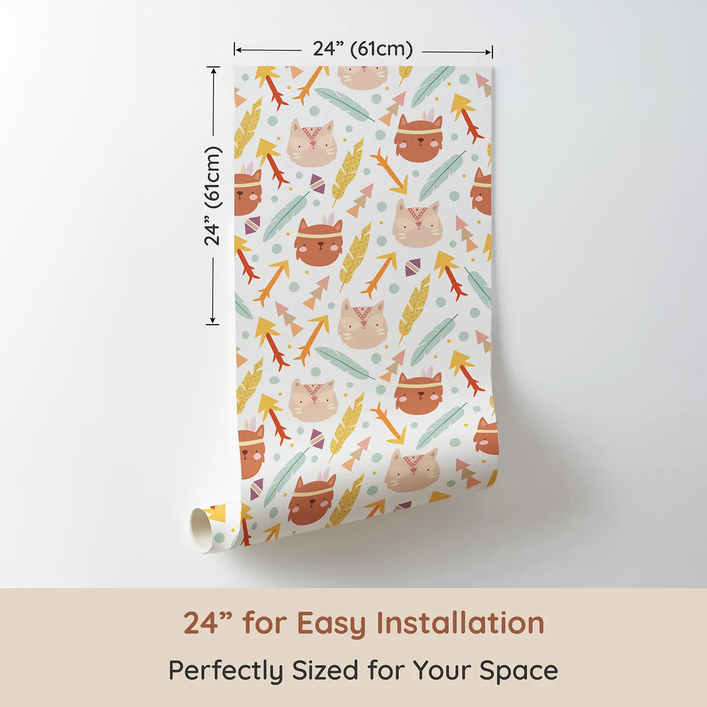 Dimension view of Whimsy Tots Tribal Kitten Parade Wallpaper in Soft White (W3148A). Printed in 24-inch-wide panel for easy installation. Playful kittens, arrows, and feathers swirl through a cheerful white daydream.