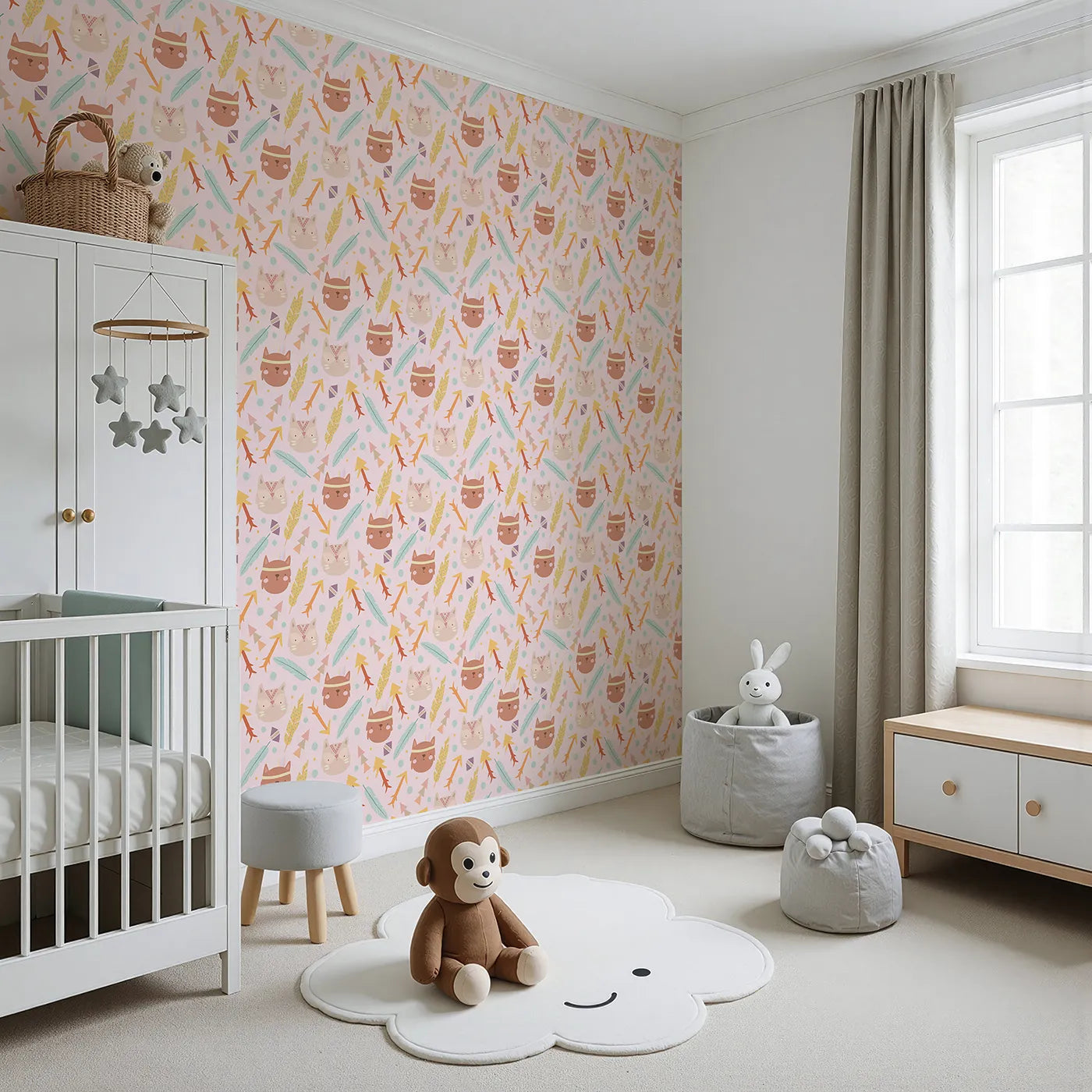 Angled view of Whimsy Tots' Tribal Kitten Parade Wallpaper in Blush Pink (W3148B).Gentle kittens and tribal arrows float across a warm blush sky.