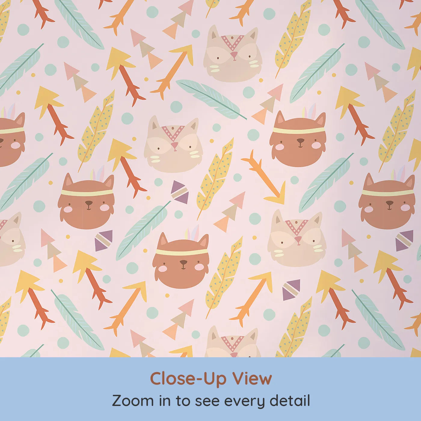 Close-up view of Whimsy Tots' Tribal Kitten Parade Wallpaper in Blush Pink (W3148B).Gentle kittens and tribal arrows float across a warm blush sky.