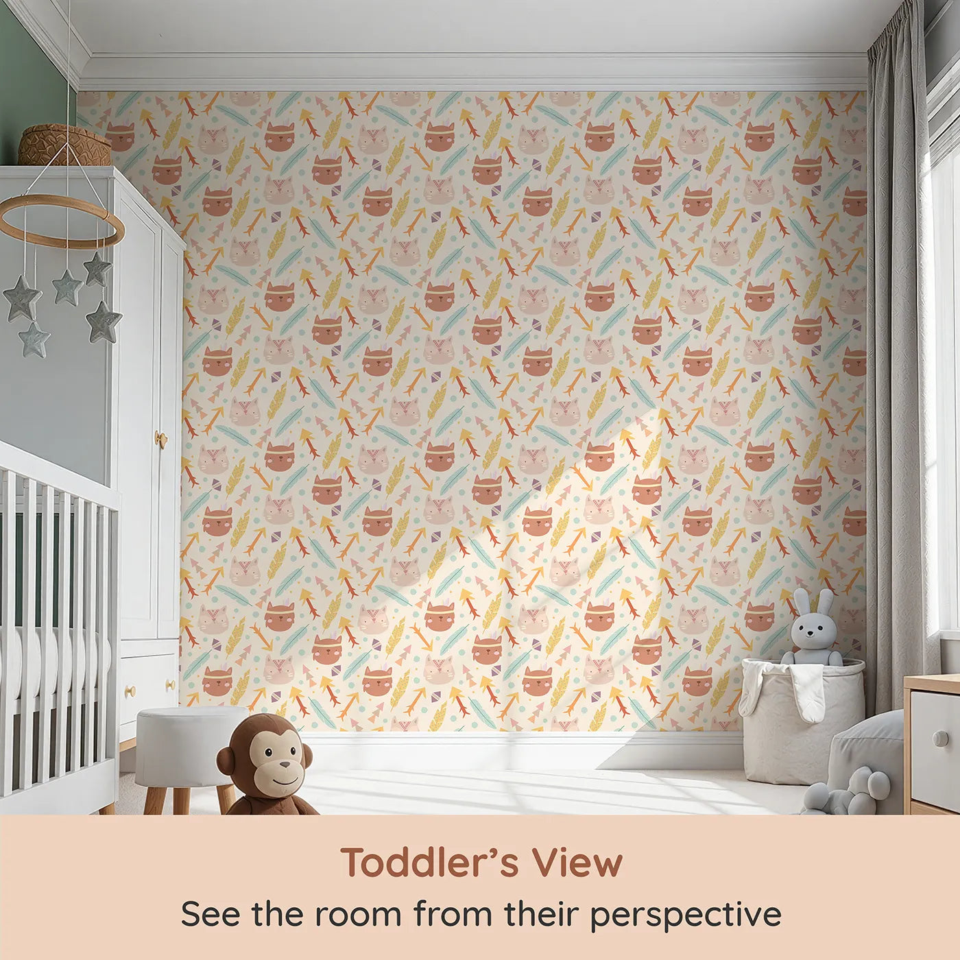 Whimsy Tots Tribal Kitten Parade Wallpaper in Vanilla Cream (W3148C) from your child's view.Cheerful kittens and soft arrows float across a warm cream sky.