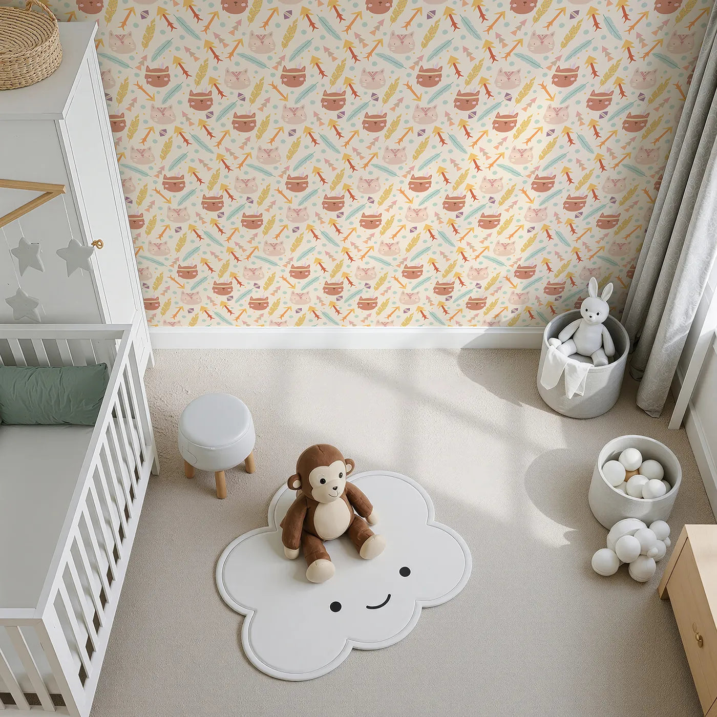 Top-Down view of Whimsy Tots' Tribal Kitten Parade Wallpaper in Vanilla Cream (W3148C).Cheerful kittens and soft arrows float across a warm cream sky.