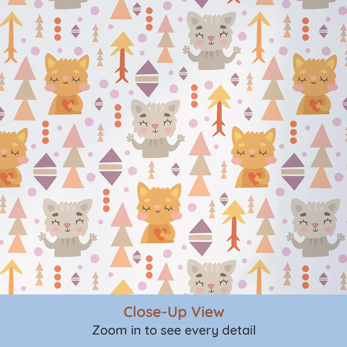 Close-up view of Whimsy Tots' Mindful Kitten Heart Wallpaper in Vanilla Cream (W3149A).Peaceful kittens and gentle shapes bring warmth to every wall.
