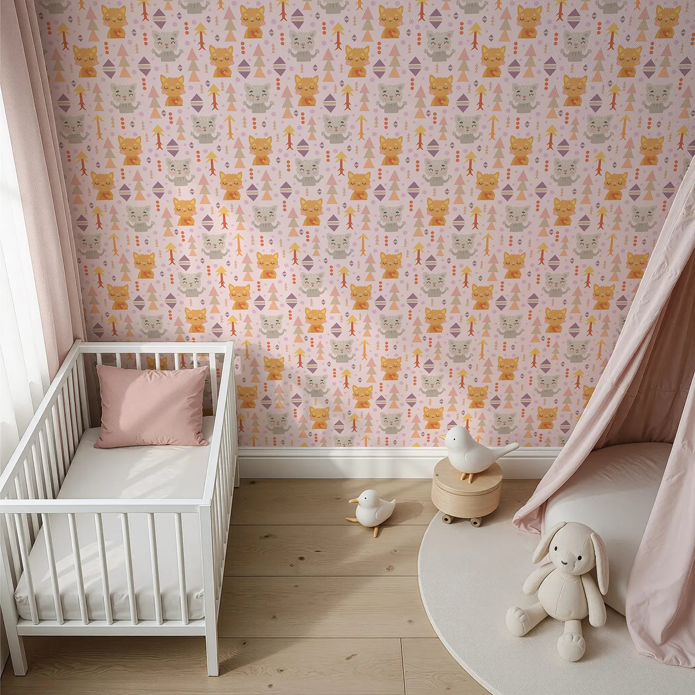 Top-Down view of Whimsy Tots' Mindful Kitten Heart Wallpaper in Petal Blush Pink (W3149B).Snuggly kittens and heartful moments float through a soft blush daydream.