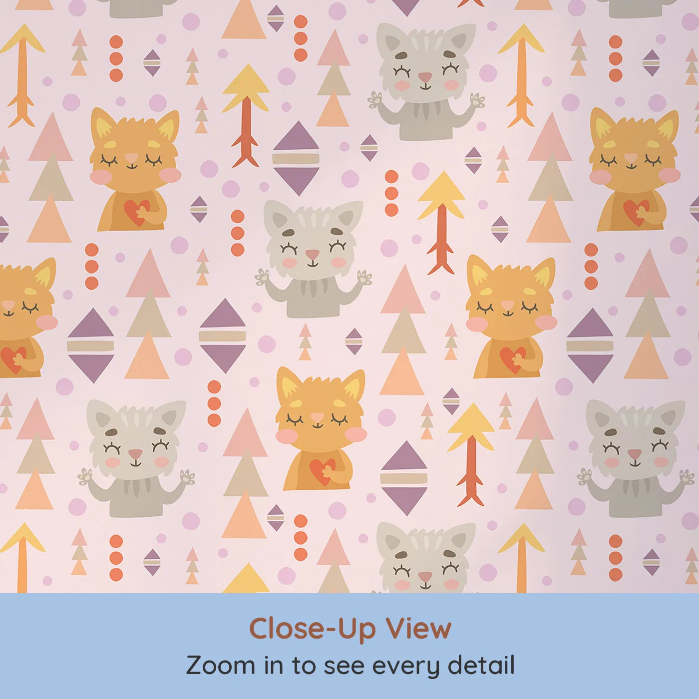 Close-up view of Whimsy Tots' Mindful Kitten Heart Wallpaper in Petal Blush Pink (W3149B).Snuggly kittens and heartful moments float through a soft blush daydream.