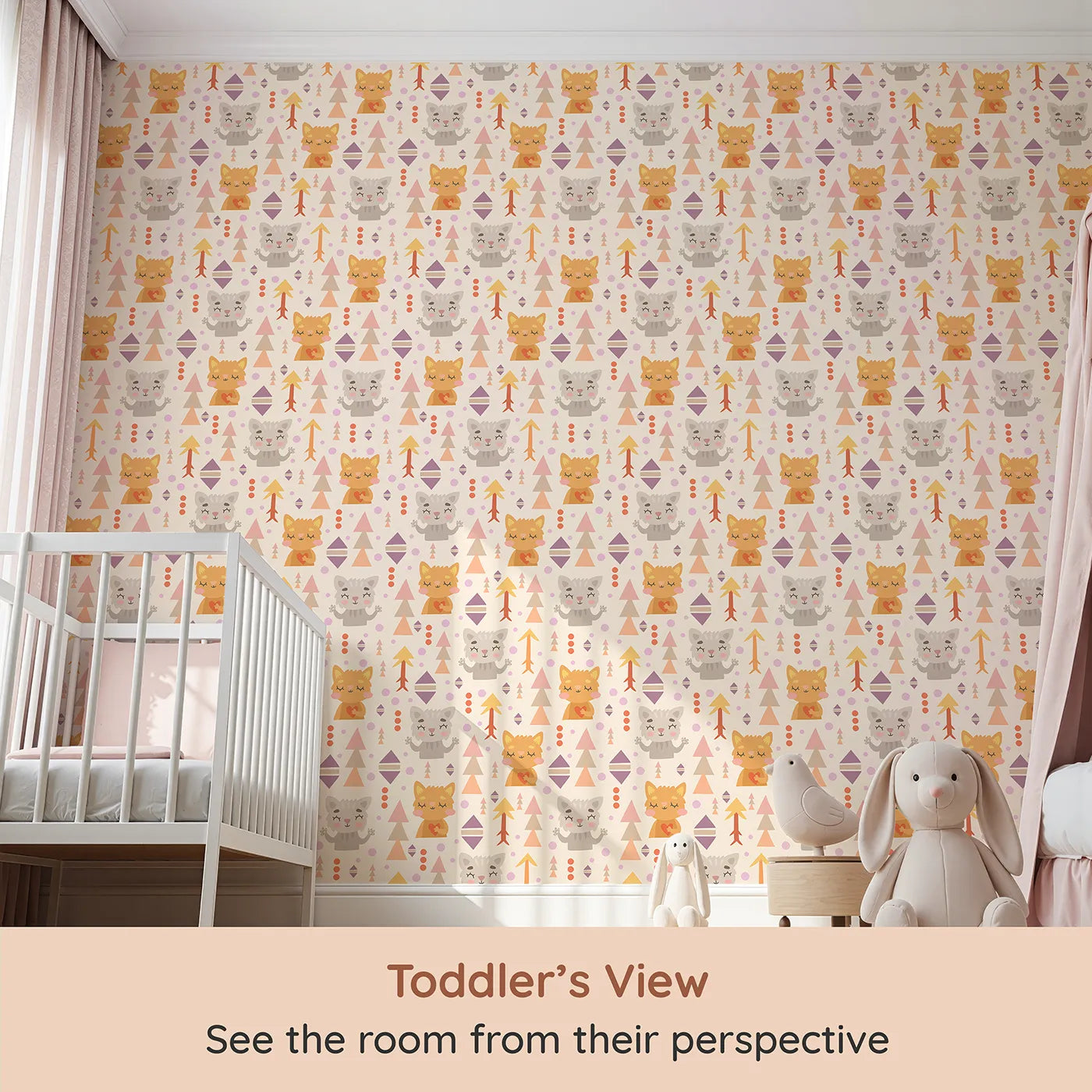 Whimsy Tots Mindful Kitten Heart Wallpaper in Oat Beige (W3149C) from your child's view.Tribal kittens with peaceful hearts bring a warm, loving rhythm to their space.