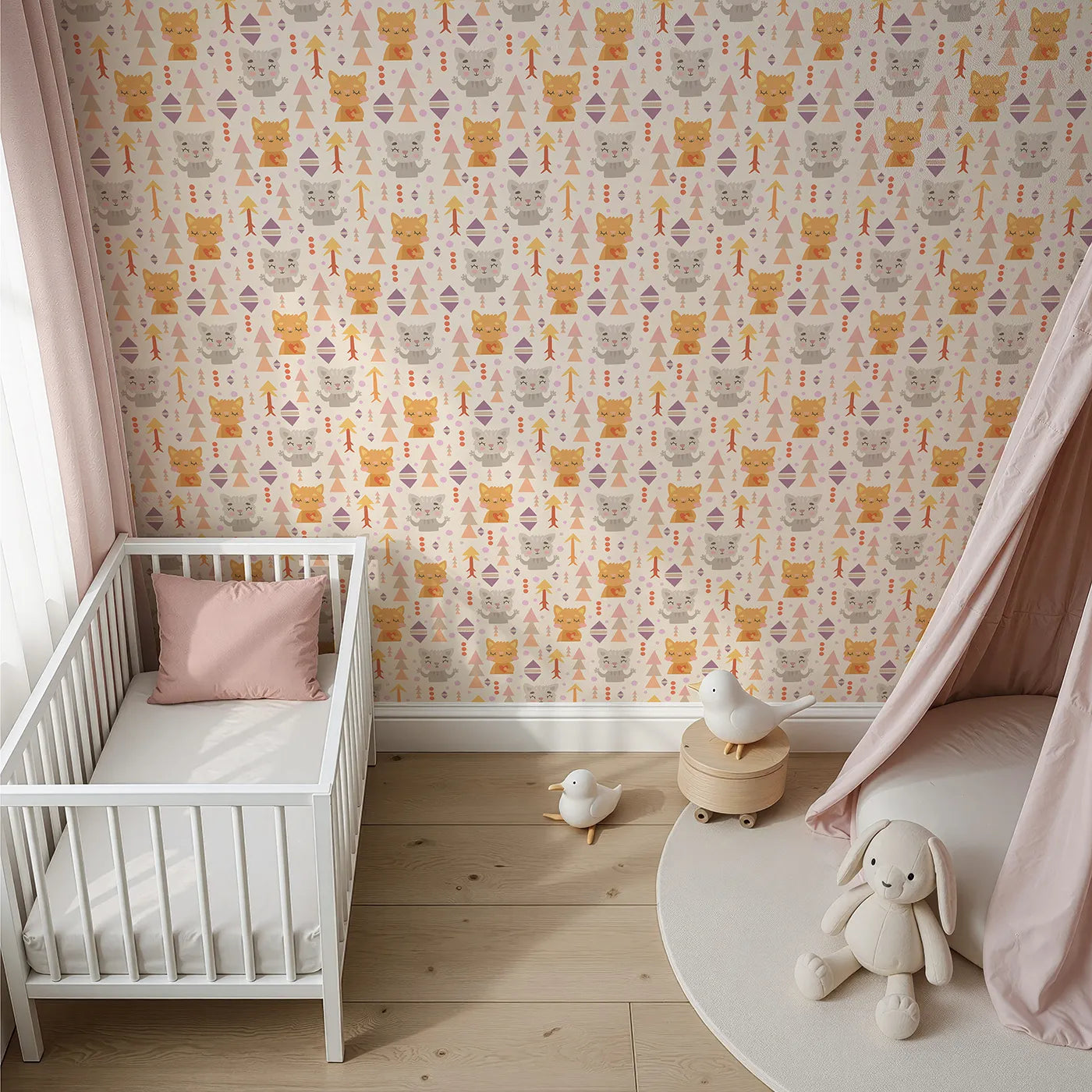 Top-Down view of Whimsy Tots' Mindful Kitten Heart Wallpaper in Oat Beige (W3149C).Tribal kittens with peaceful hearts bring a warm, loving rhythm to their space.