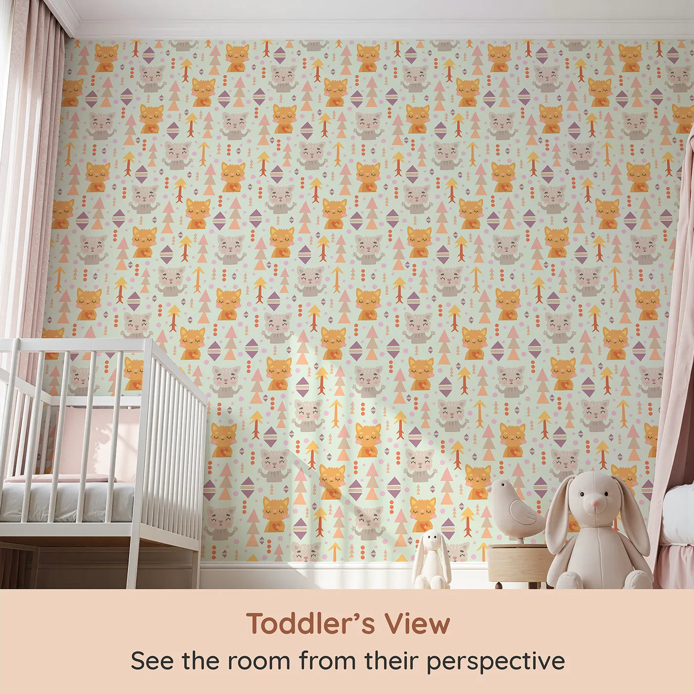 Whimsy Tots Mindful Kitten Heart Wallpaper in Fresh Sage Green (W3149D) from your child's view.Peaceful kittens and playful shapes float gently through a sage green breeze.