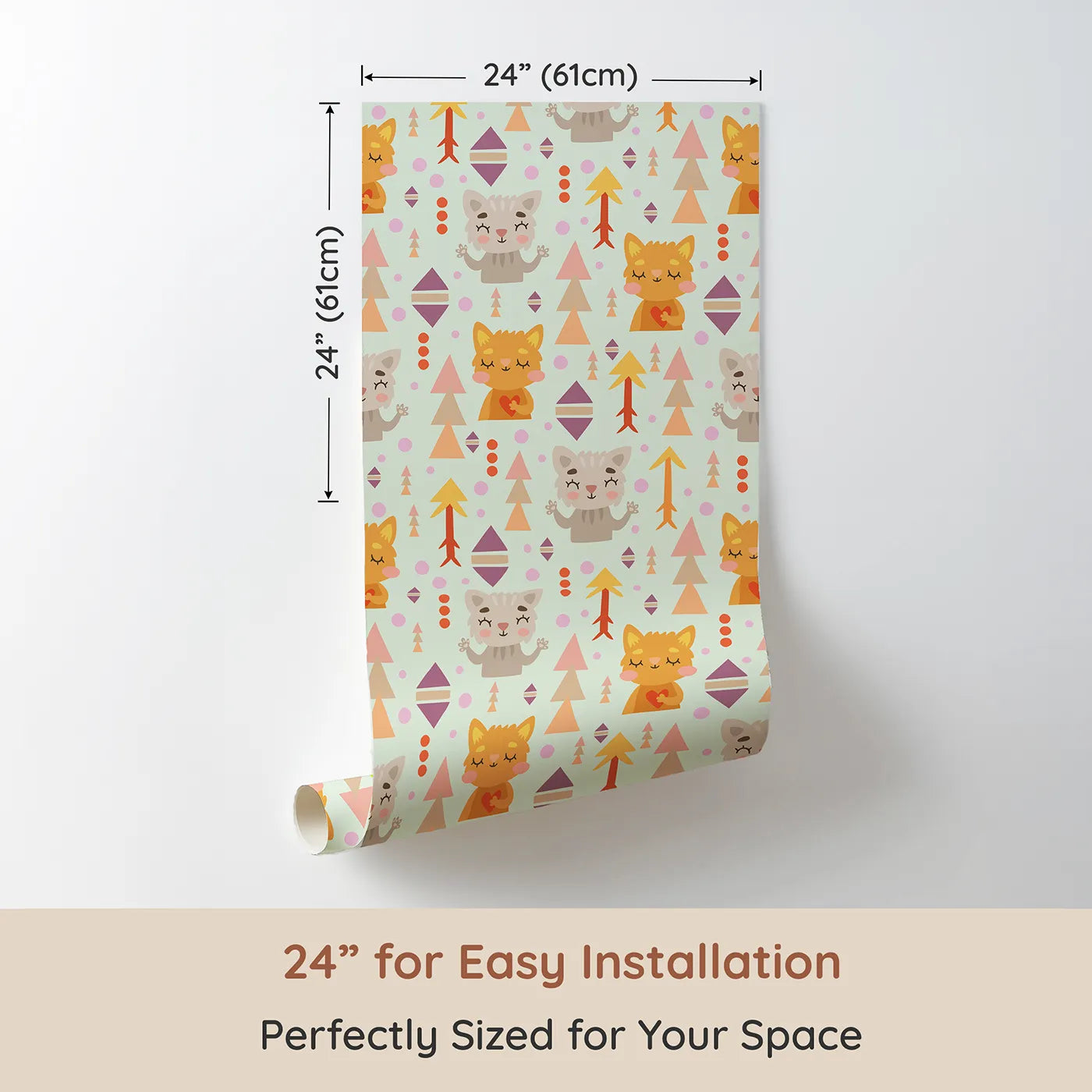 Dimension view of Whimsy Tots Mindful Kitten Heart Wallpaper in Fresh Sage Green (W3149D). Printed in 24-inch-wide panel for easy installation. Peaceful kittens and playful shapes float gently through a sage green breeze.