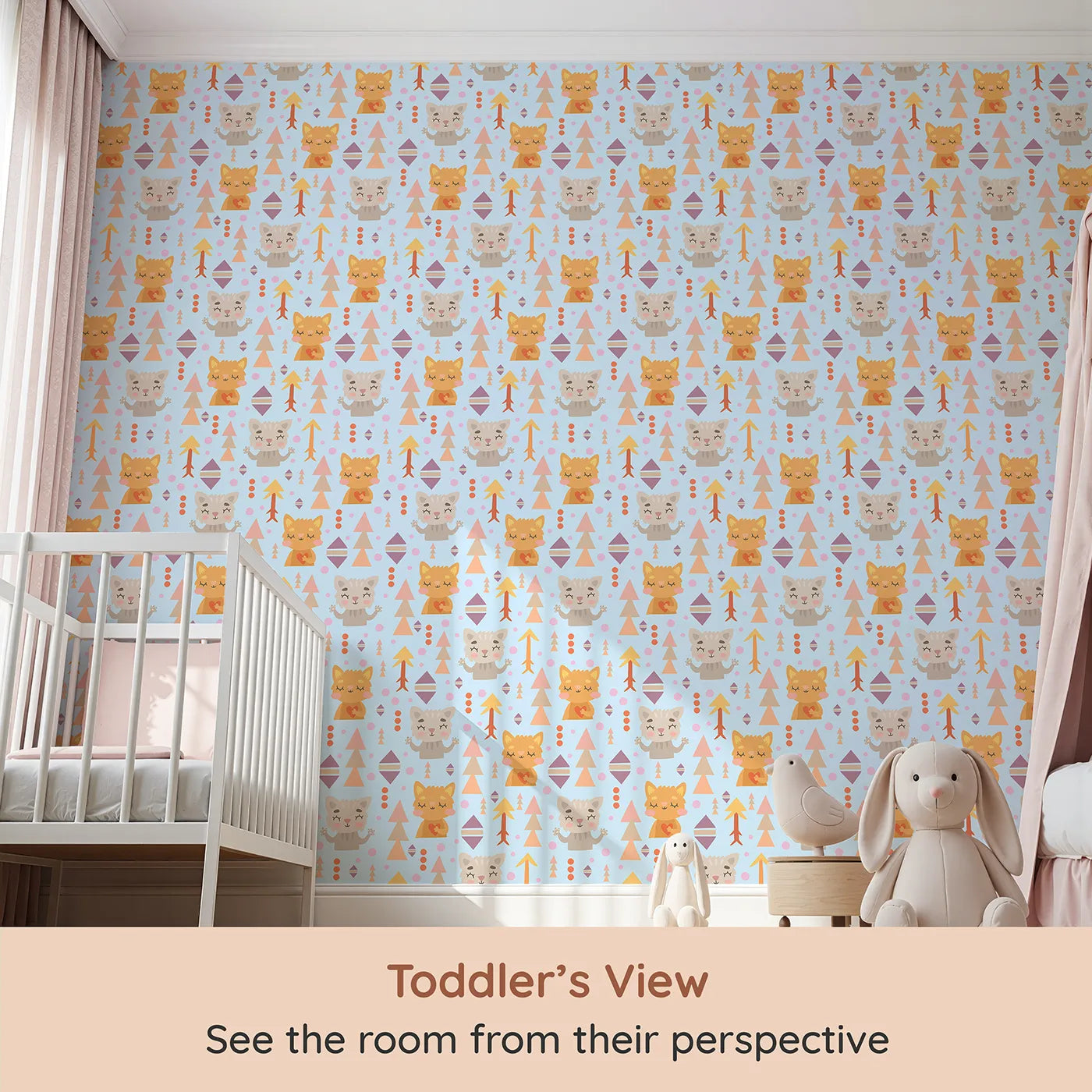 Whimsy Tots Mindful Kitten Heart Wallpaper in Sky Blue (W3149E) from your child's view.Tribal kittens, hearts, and pastel shapes float softly through a blue sky of peace.
