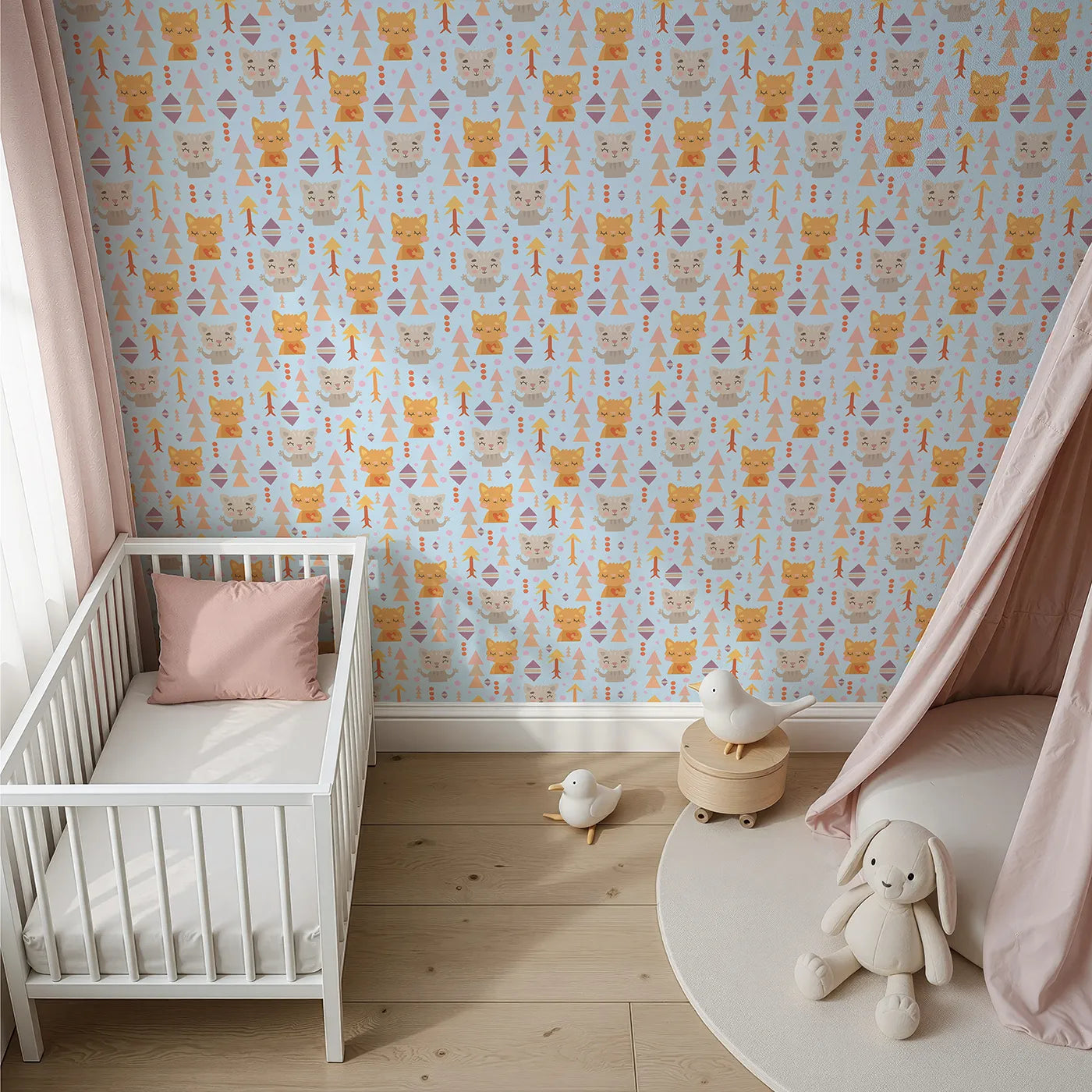 Top-Down view of Whimsy Tots' Mindful Kitten Heart Wallpaper in Sky Blue (W3149E).Tribal kittens, hearts, and pastel shapes float softly through a blue sky of peace.
