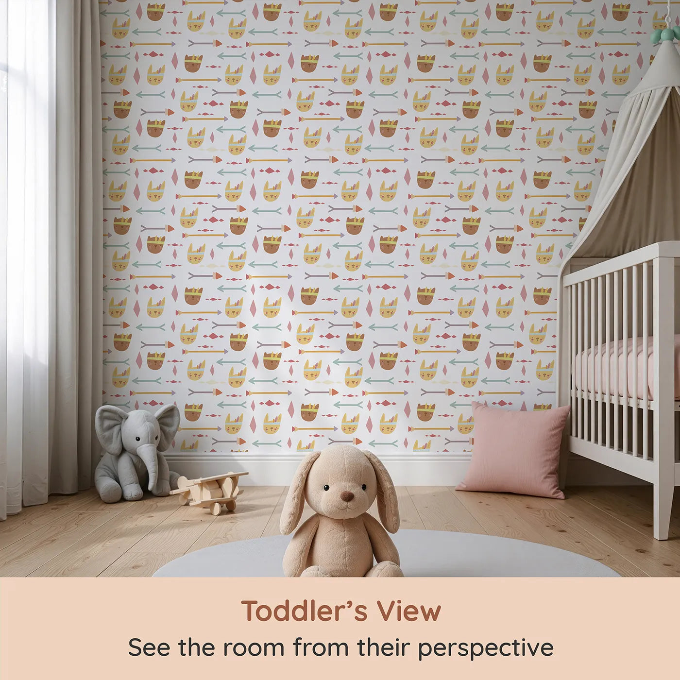 Whimsy Tots Tribal Bunny Parade Wallpaper in Vanilla Cream (W3150A) from your child's view.Smiling bunnies and playful arrows guide their imagination on a joyful journey.