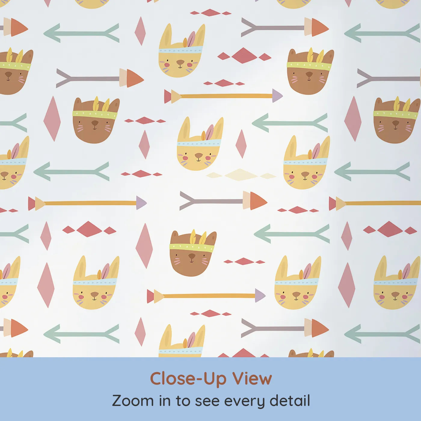 Close-up view of Whimsy Tots' Tribal Bunny Parade Wallpaper in Vanilla Cream (W3150A).Smiling bunnies and playful arrows guide their imagination on a joyful journey.