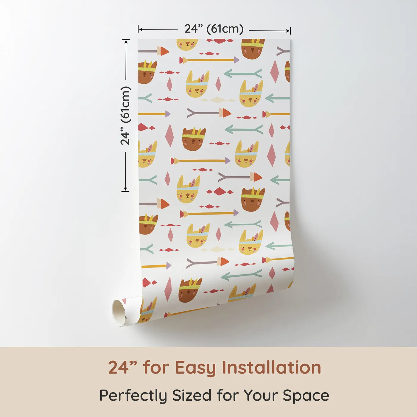 Dimension view of Whimsy Tots Tribal Bunny Parade Wallpaper in Vanilla Cream (W3150A). Printed in 24-inch-wide panel for easy installation. Smiling bunnies and playful arrows guide their imagination on a joyful journey.