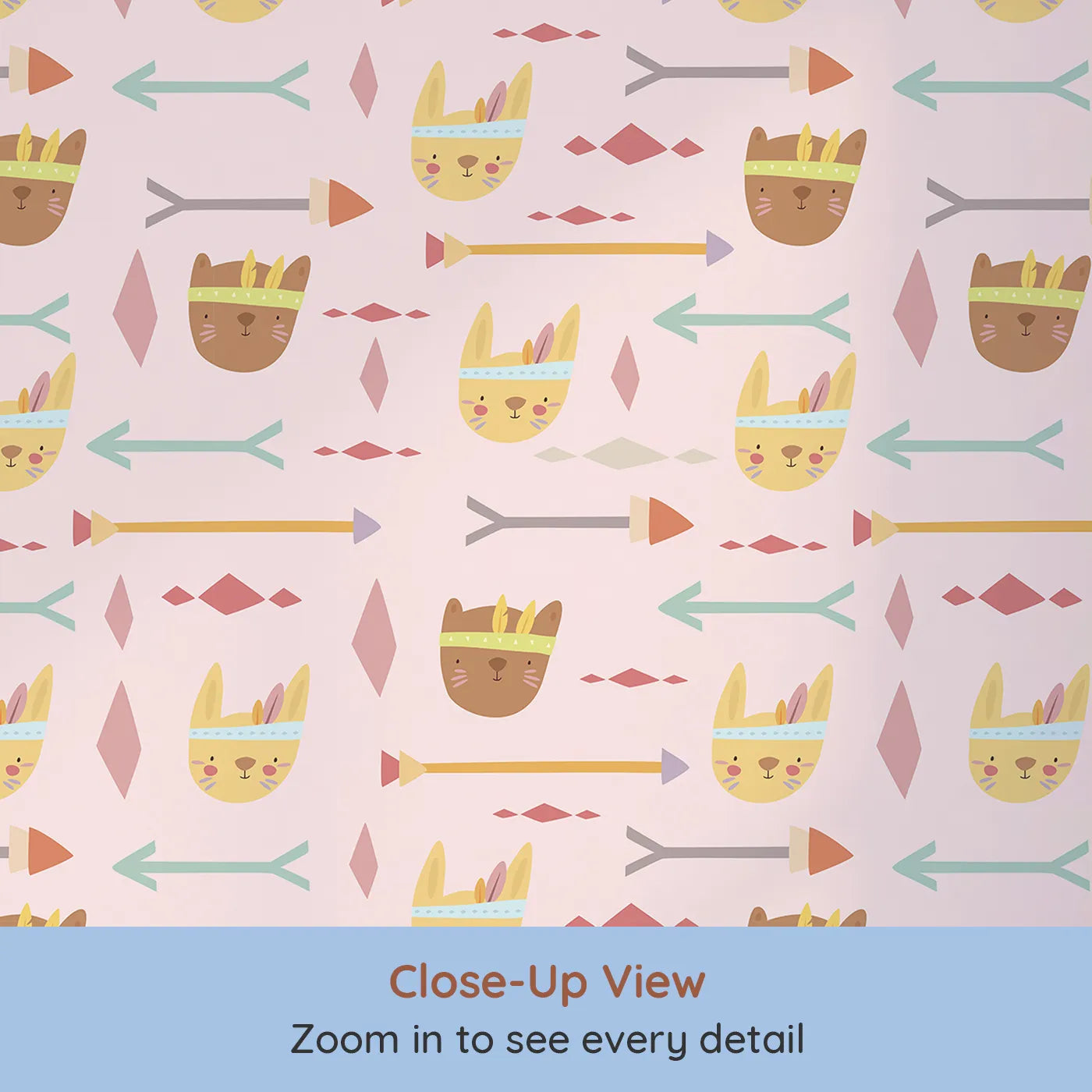 Close-up view of Whimsy Tots' Tribal Bunny Parade Wallpaper in Petal Blush Pink (W3150B).Feathered bunnies and pastel arrows weave joy through soft pink skies.