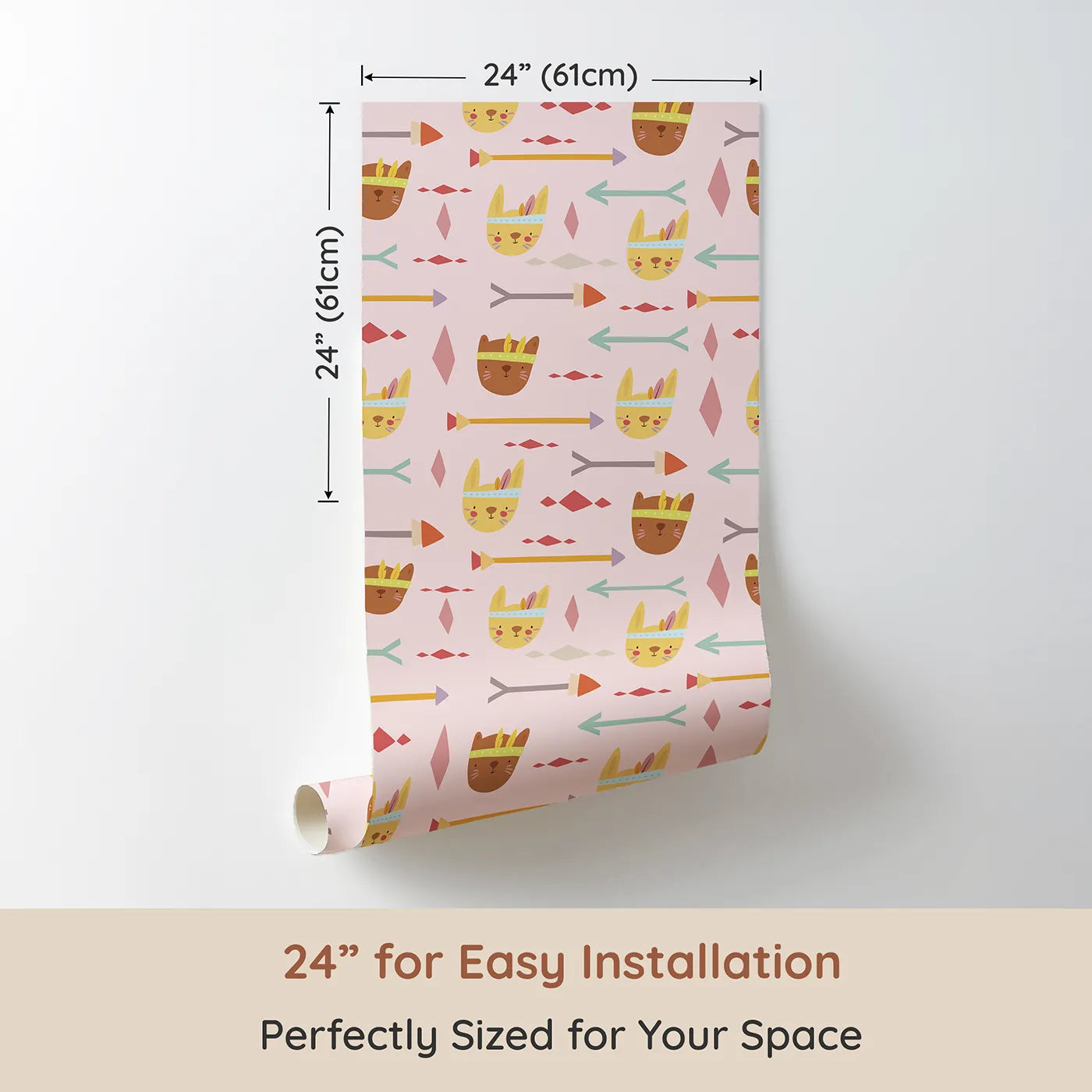 Dimension view of Whimsy Tots Tribal Bunny Parade Wallpaper in Petal Blush Pink (W3150B). Printed in 24-inch-wide panel for easy installation. Feathered bunnies and pastel arrows weave joy through soft pink skies.