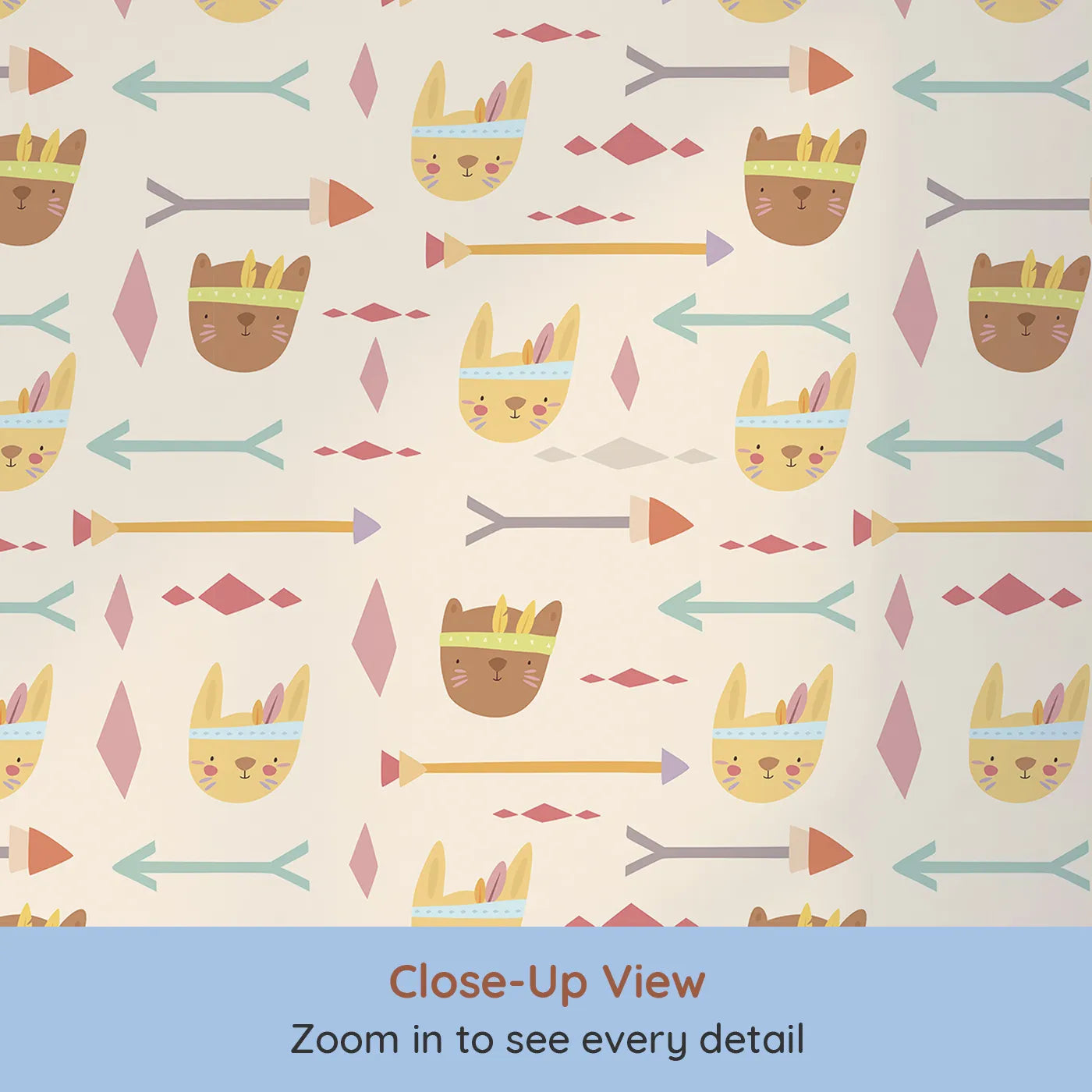 Close-up view of Whimsy Tots' Tribal Bunny Parade Wallpaper in Oat Beige (W3150C).Tribal bunnies and soft arrows guide every smile and story.