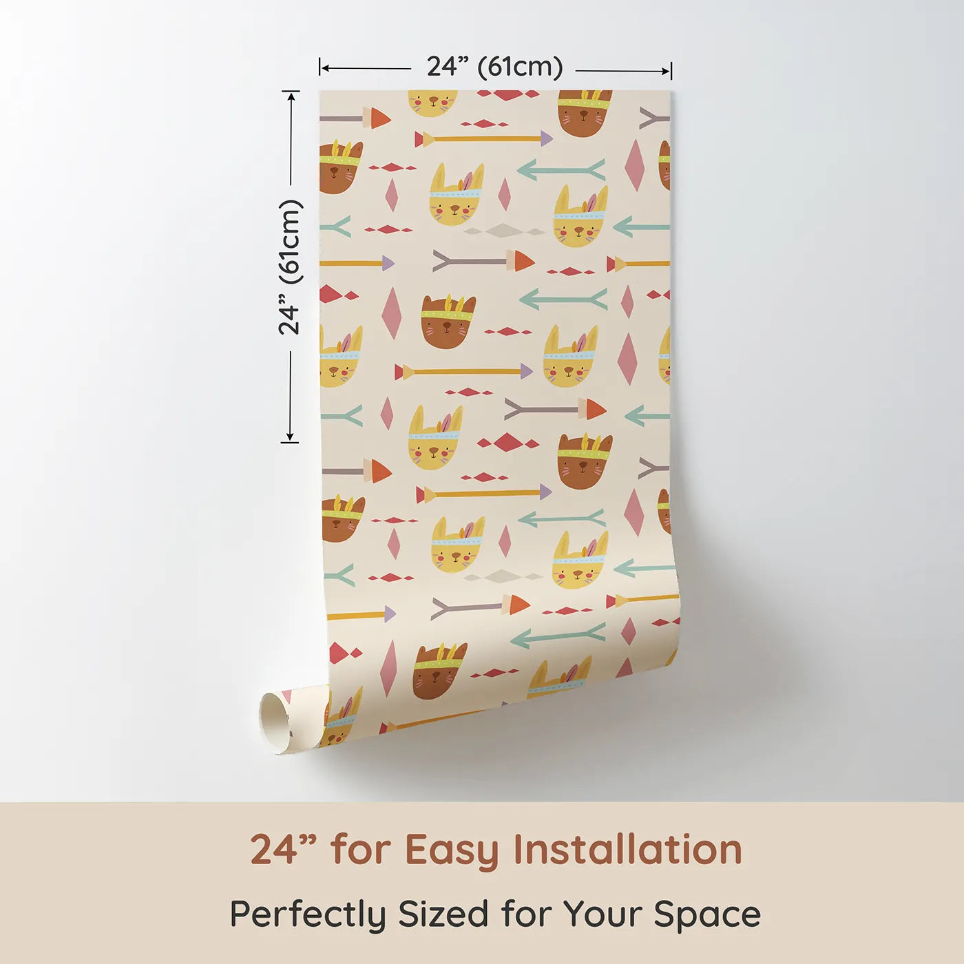 Dimension view of Whimsy Tots Tribal Bunny Parade Wallpaper in Oat Beige (W3150C). Printed in 24-inch-wide panel for easy installation. Tribal bunnies and soft arrows guide every smile and story.