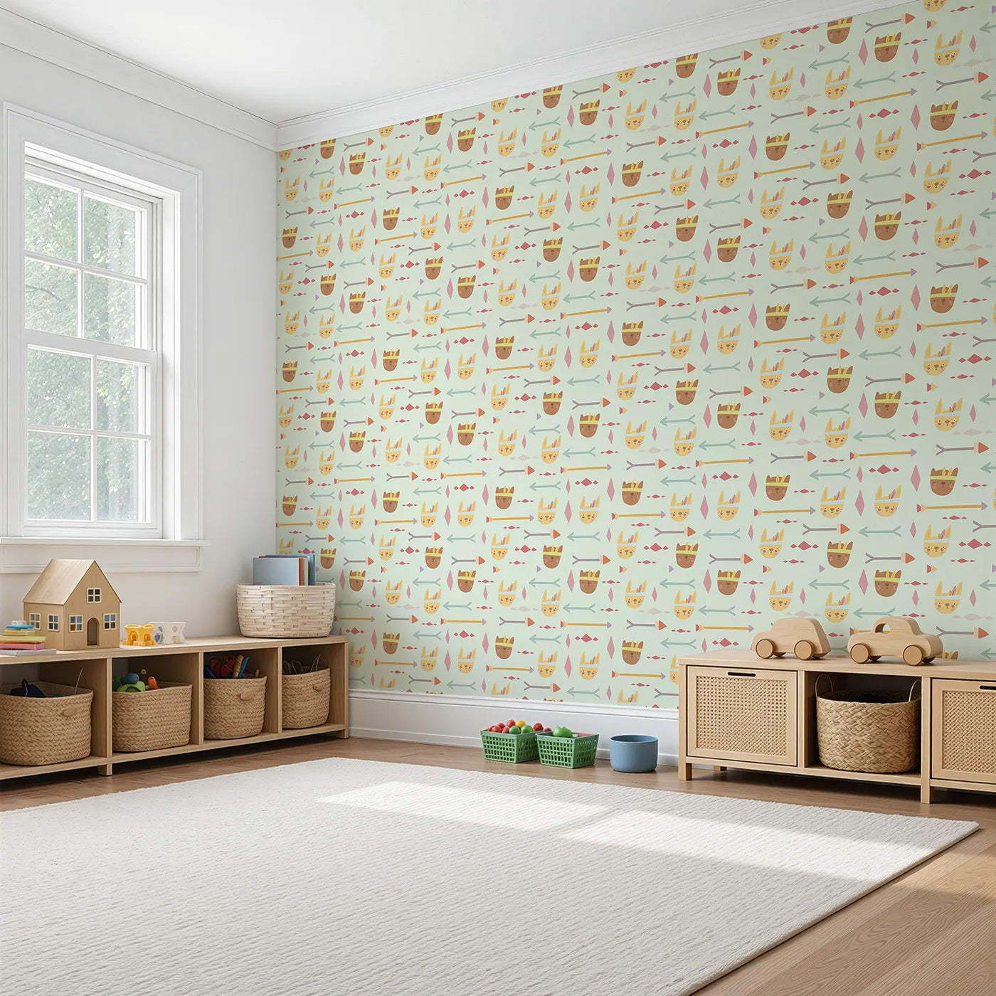 Angled view of Whimsy Tots' Tribal Bunny Parade Wallpaper in Fresh Sage Green (W3150D).Bunny faces and soft arrows create a gentle journey through leafy sage skies.