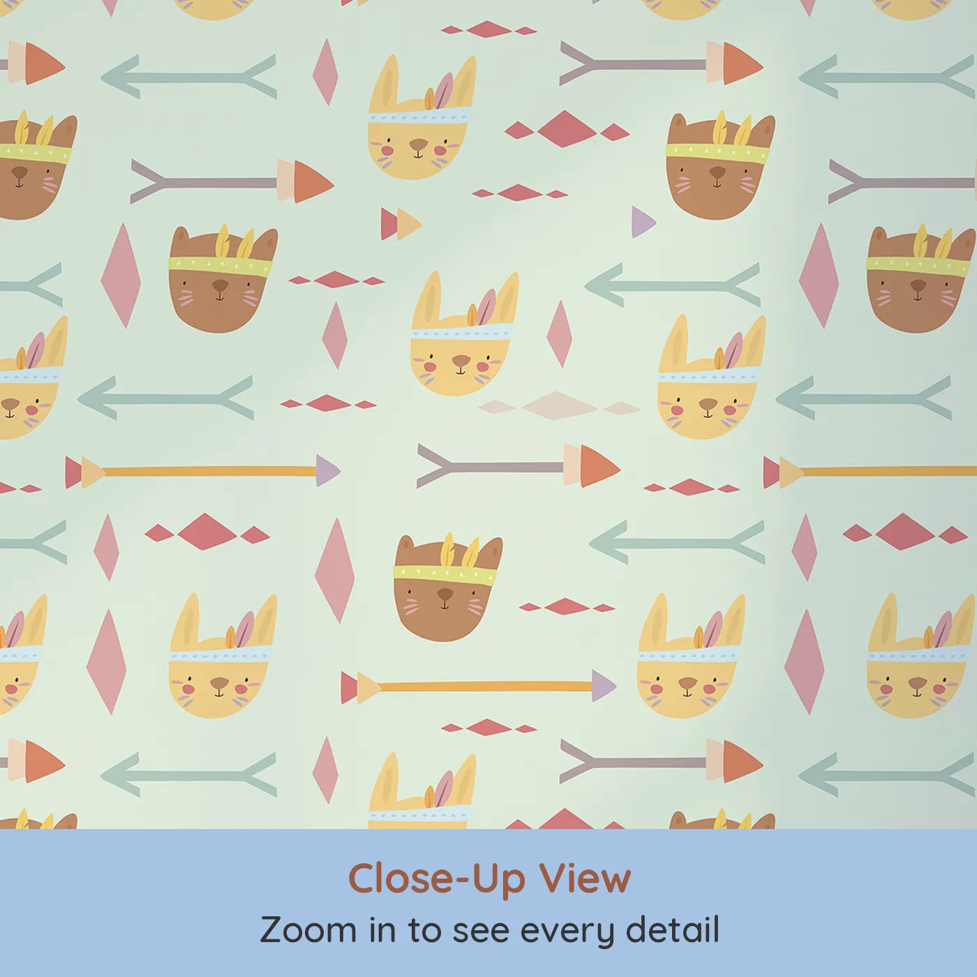Close-up view of Whimsy Tots' Tribal Bunny Parade Wallpaper in Fresh Sage Green (W3150D).Bunny faces and soft arrows create a gentle journey through leafy sage skies.