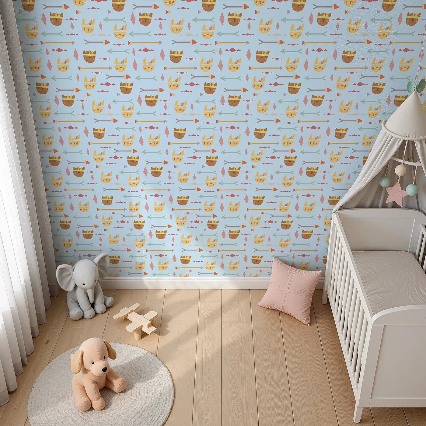 Top-Down view of Whimsy Tots' Tribal Bunny Parade Wallpaper in Sky Blue (W3150E).Sunny bunnies and playful arrows drift through a sky-blue dreamscape.