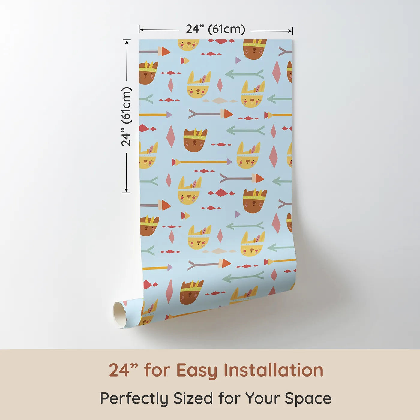 Dimension view of Whimsy Tots Tribal Bunny Parade Wallpaper in Sky Blue (W3150E). Printed in 24-inch-wide panel for easy installation. Sunny bunnies and playful arrows drift through a sky-blue dreamscape.