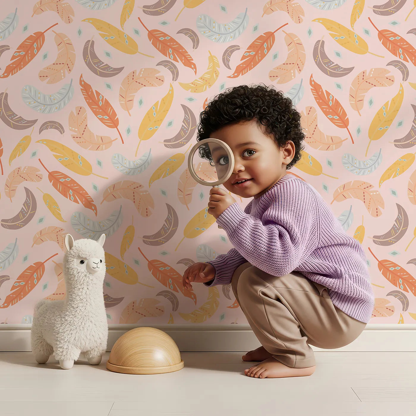 Lovely child standing in front of Whimsy Tots Feathered Whimsy Drift Wallpaper in Petal Blush with feather, diamond, dot in design.