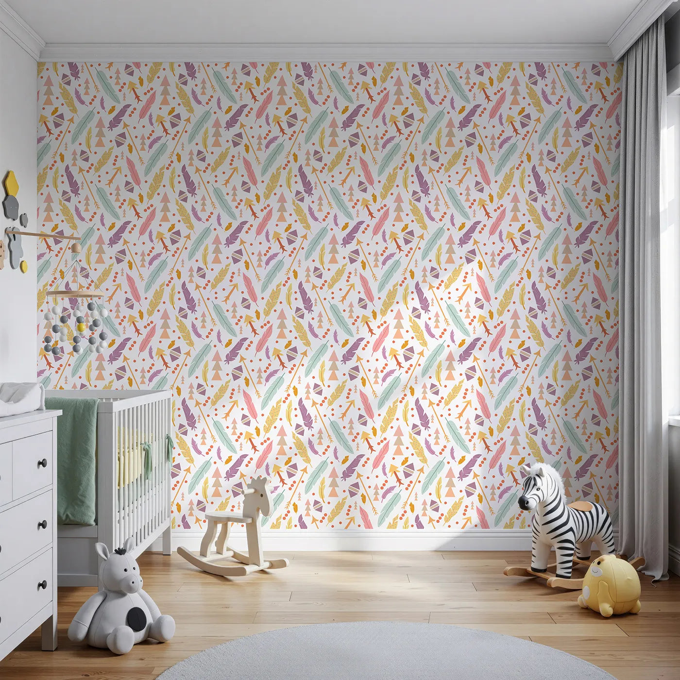 Front view of Whimsy Tots' Feather Arrow Confetti Wallpaper in White